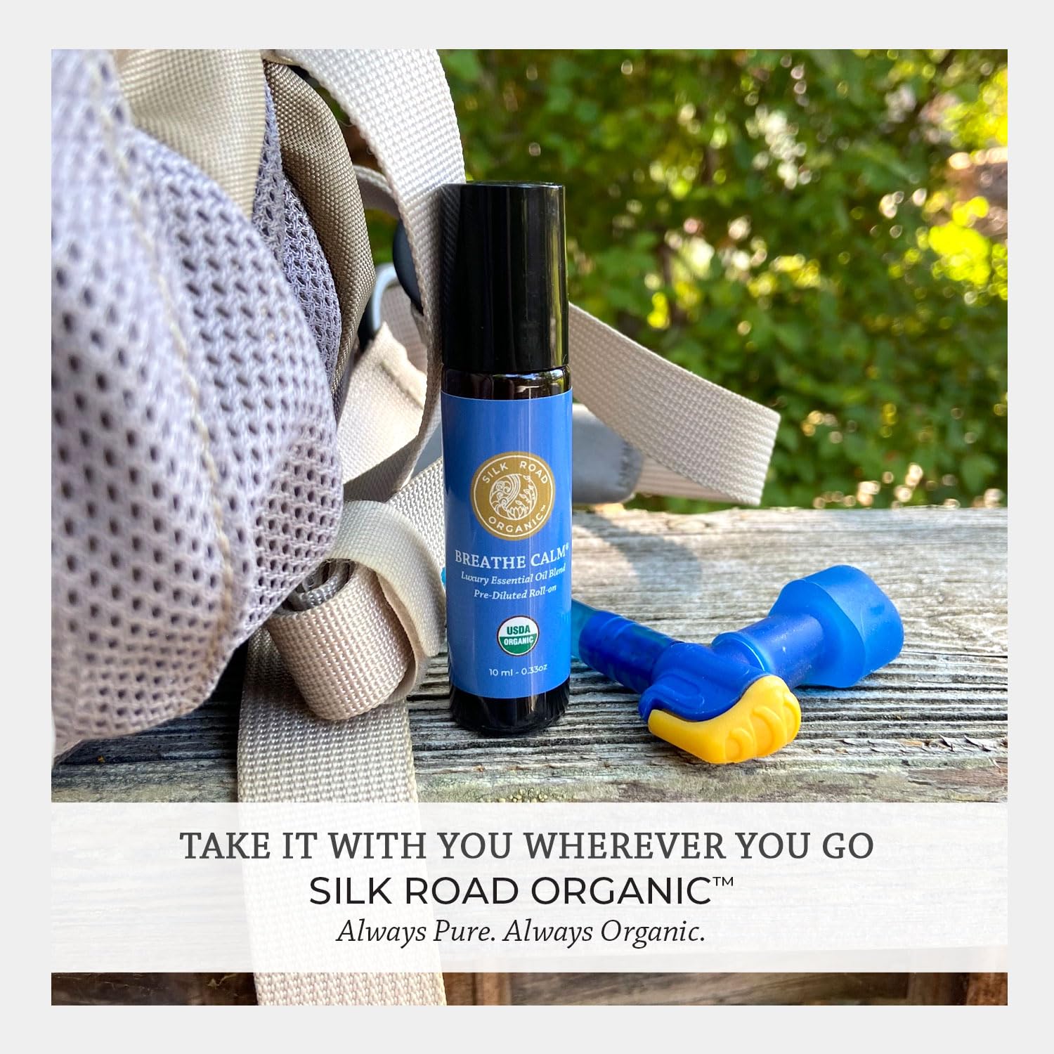 Silk Road Organic Breathe Calm roll-on cap and design for easy carry.