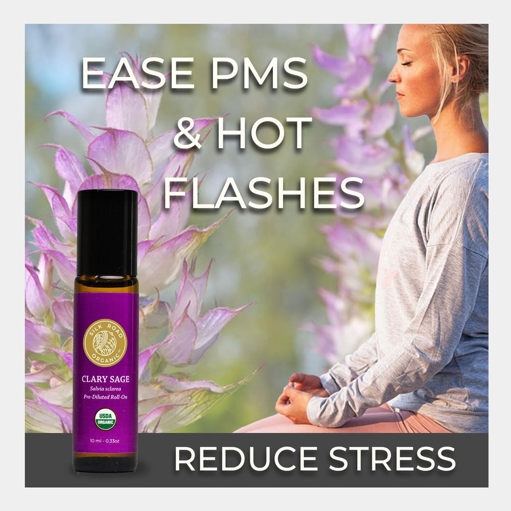 Silk Road Organic Clary Sage Roll-On supports abdominal massage for comforting PMS moments