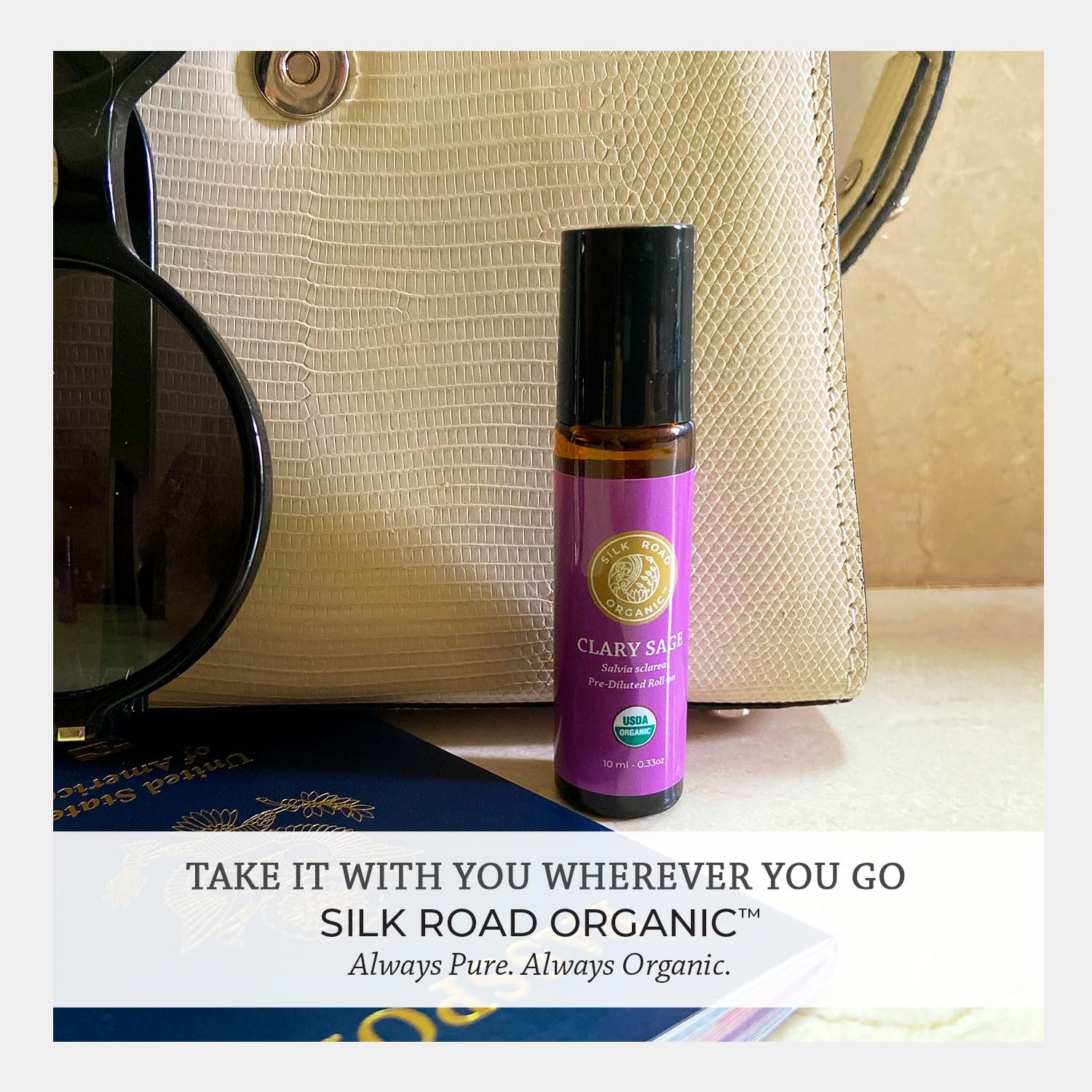 Silk Road Organic Clary Sage Roll-On features precise aroma with portable, pre-diluted oil