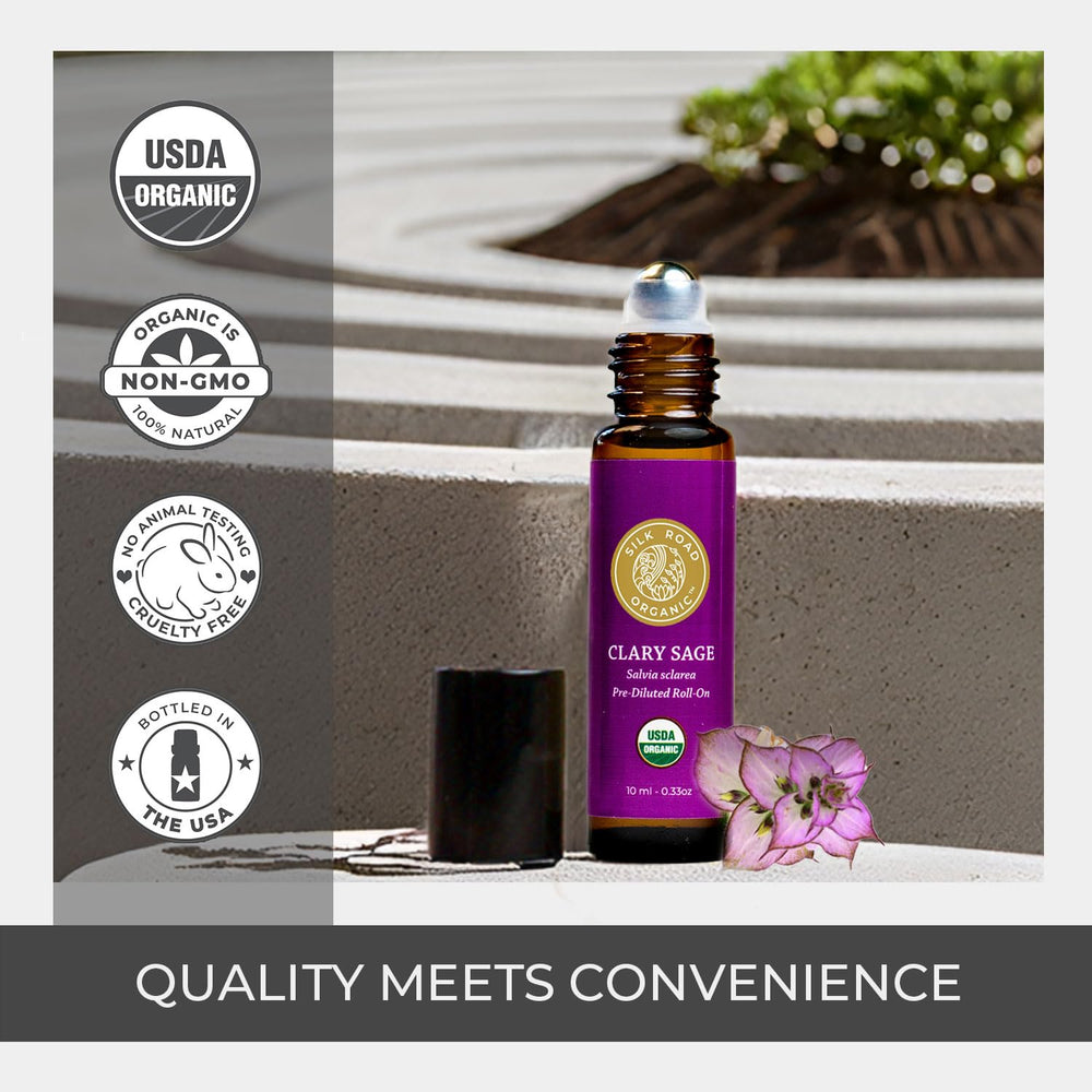 Silk Road Organic Clary Sage Roll-On is travel-friendly for quick mood balance anywhere