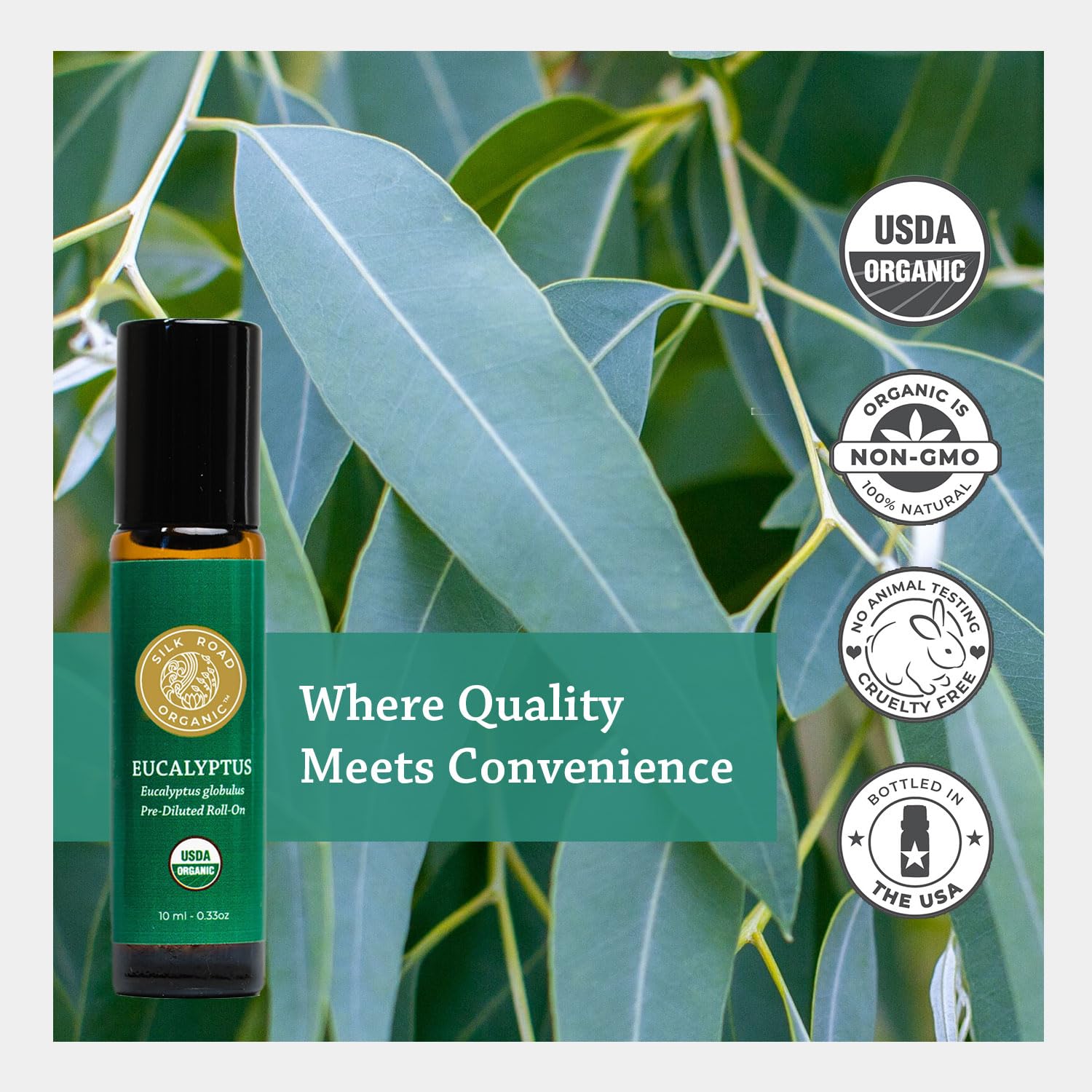Silk Road Organic Eucalyptus Roll-On aroma filling the air with crisp freshness.