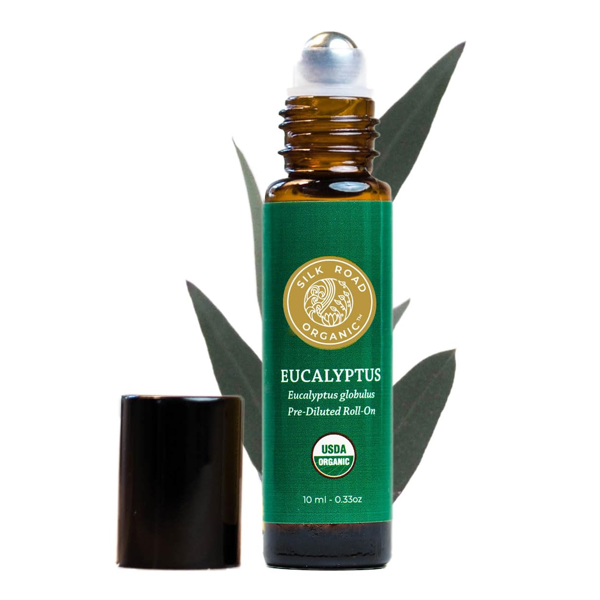 Silk Road Organic Eucalyptus Roll-On bottle, compact and portable for on-the-go refreshing.