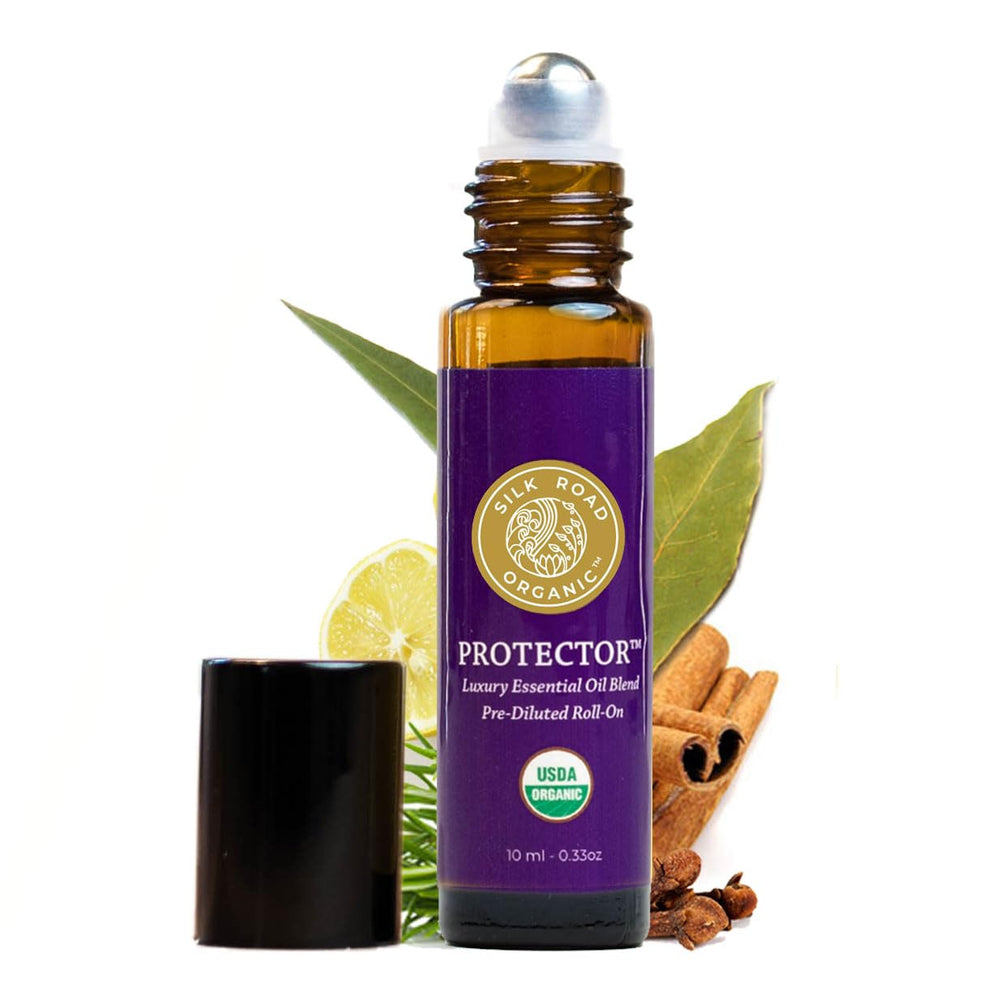 Silk Road Organic Protector roller bottle for daily immune support with essential oil blend.