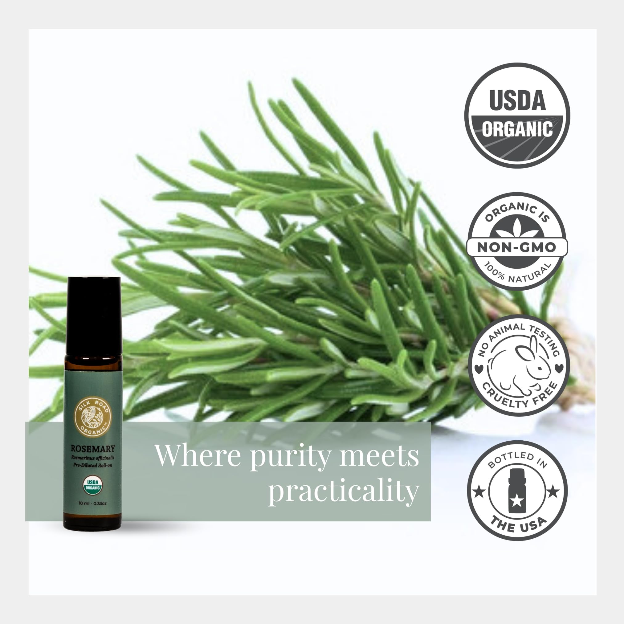 Silk Road Organic rosemary-jojoba-roll-on application glide for easy scalp care.