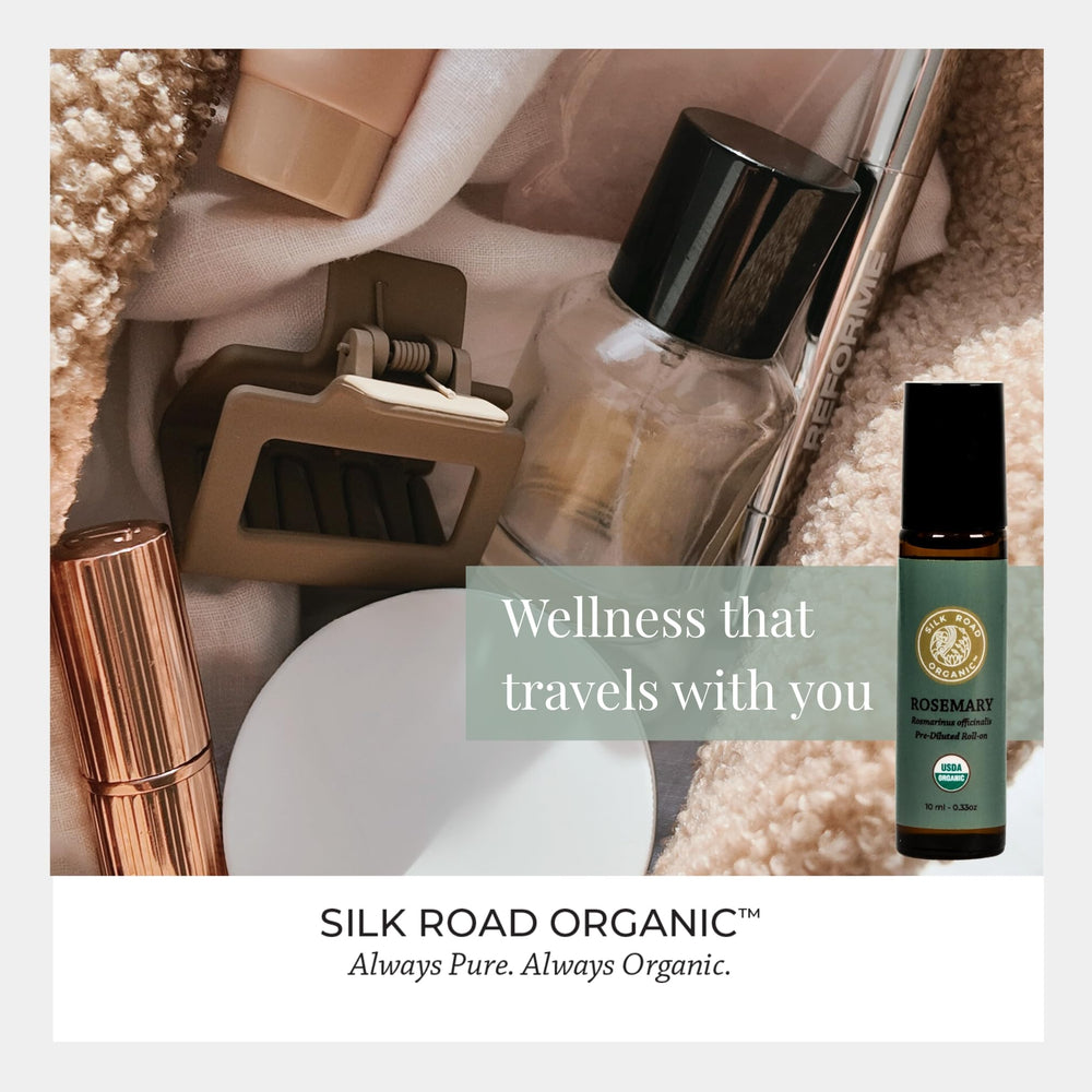 Silk Road Organic rosemary-jojoba-roll-on packaging highlights compact travel size.