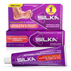 Silka anti-fungal cream tube ready for application on affected skin.