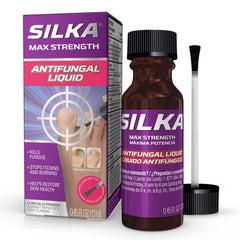Silka Max Strength antifungal liquid bottle prepared for targeted nail care.