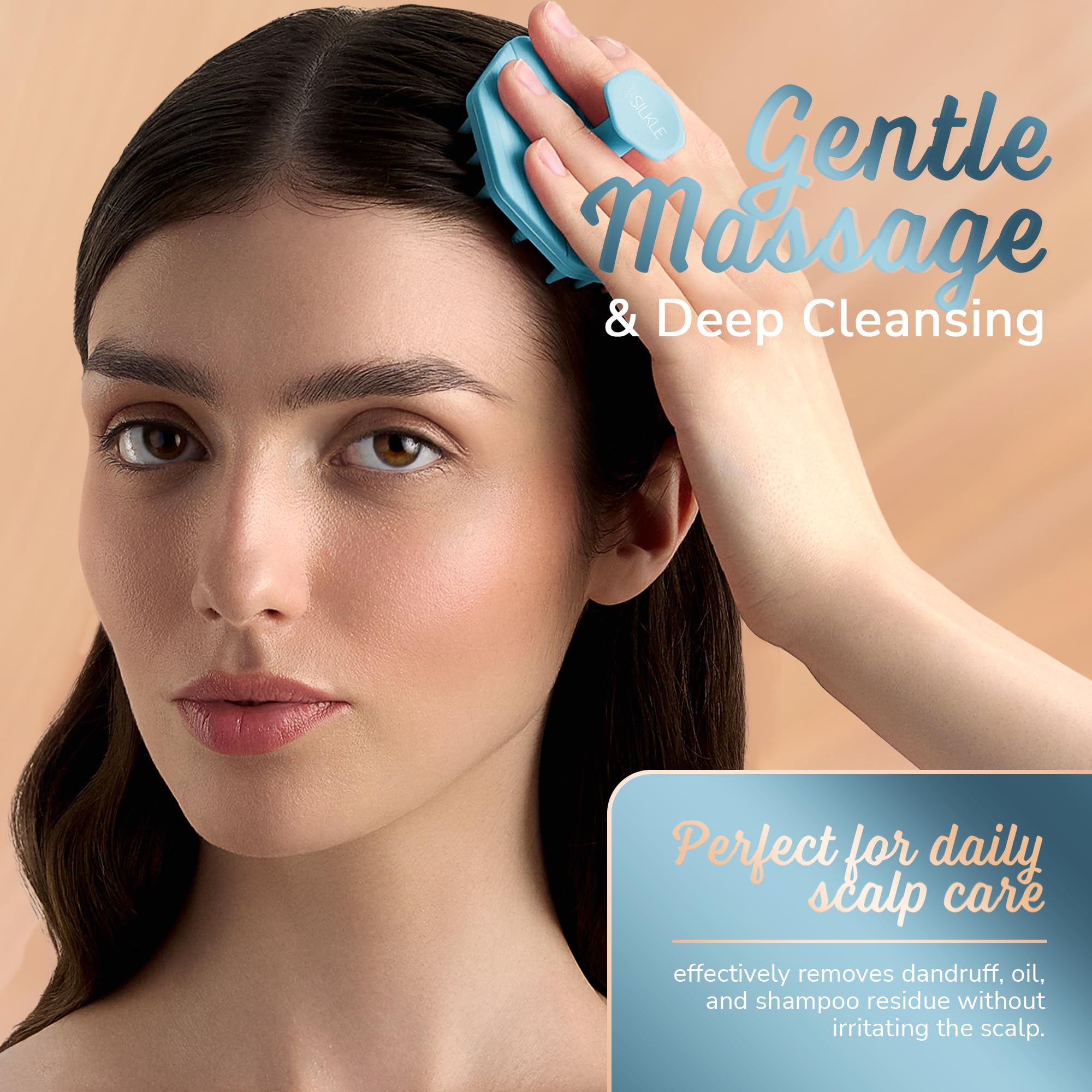 SILKLE scalp scrubber blue handle shows precise scalp massage and even shampoo distribution