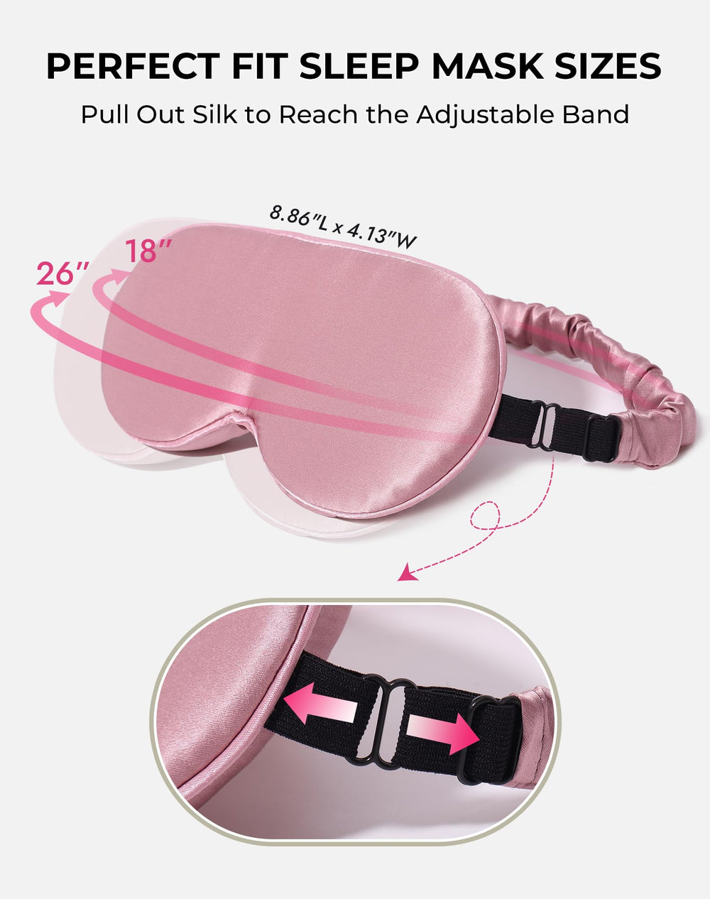 SilkSilky sleep mask adjustable strap secures fit without tangling hair.