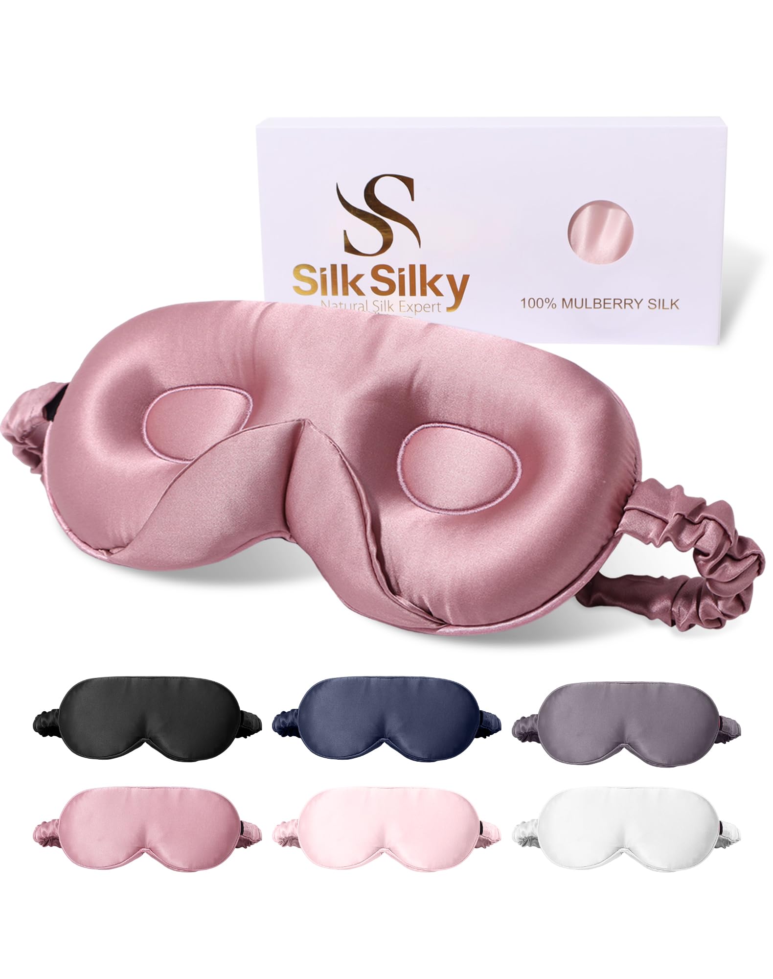 SilkSilky sleep mask front view shows luxurious mulberry silk and strong blackout.