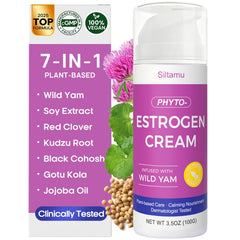 Siltamu natural estrogen cream bottle top view, ideal for daily self-care routine.