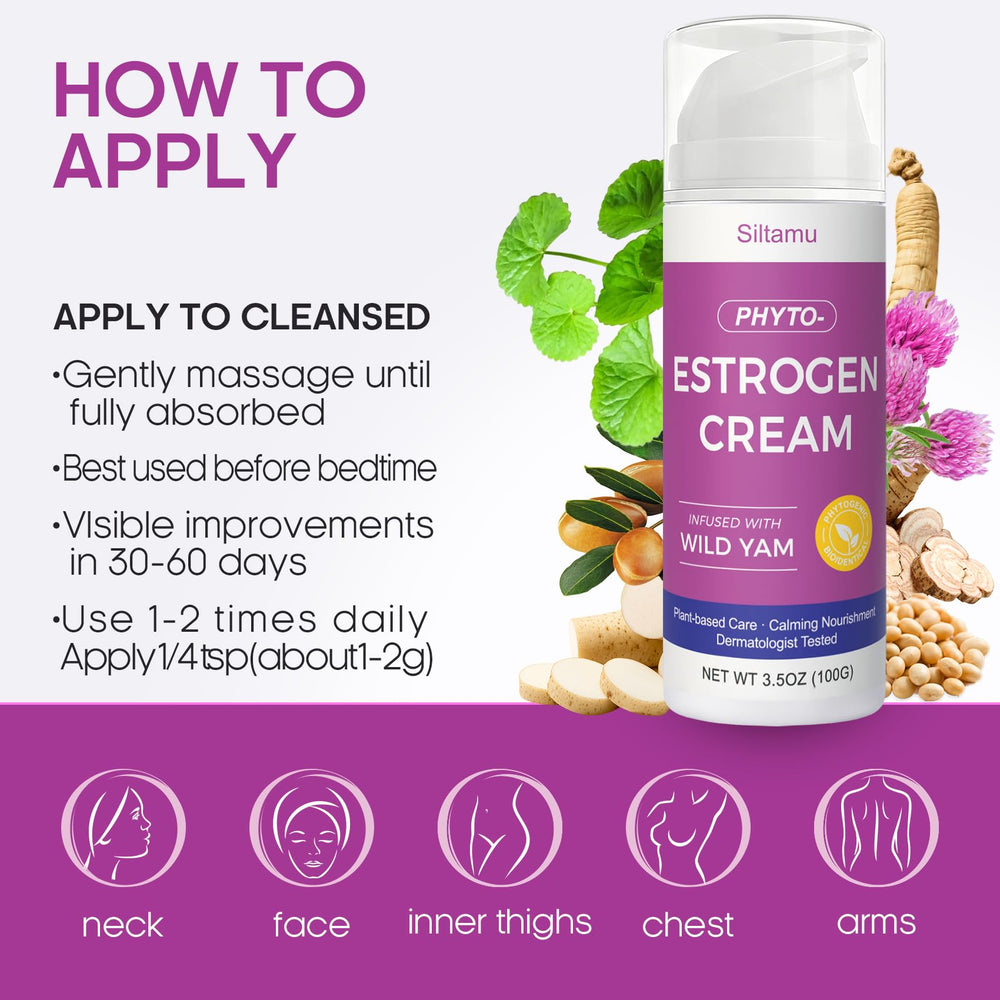 Siltamu natural estrogen cream ingredients soy-isoflavones, promoting balanced hydration and elasticity.