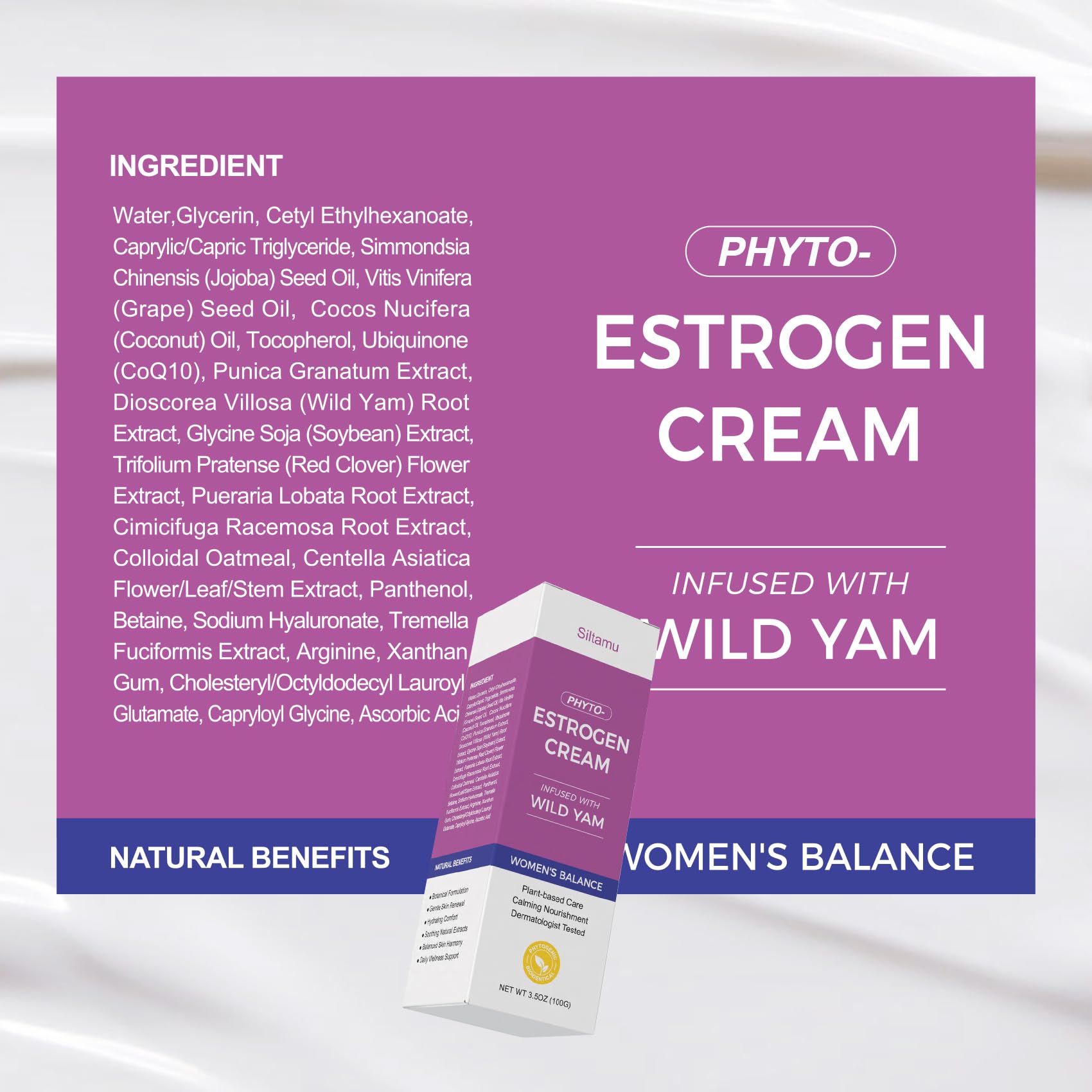 Siltamu natural estrogen cream packaging box, ready for gifting or personal care routine.