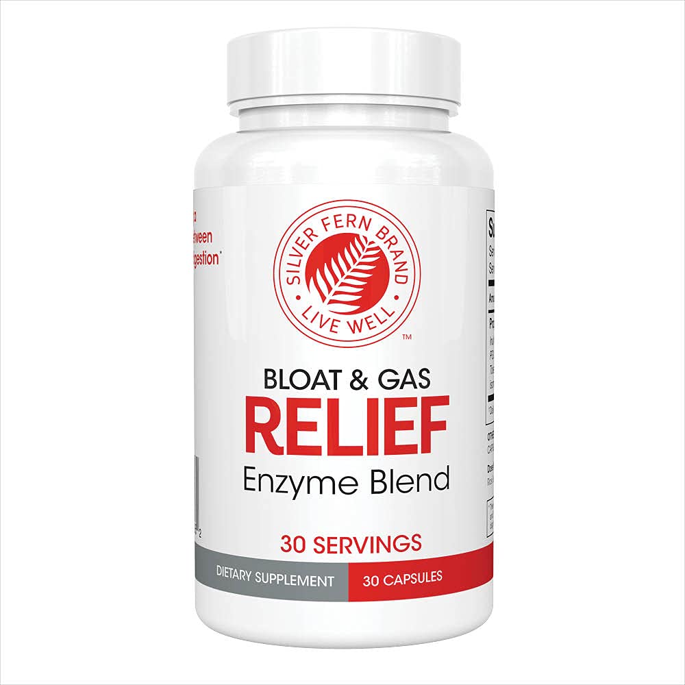 Silver Fern Bloat & Gas bottle with capsules for digestive support after meals.