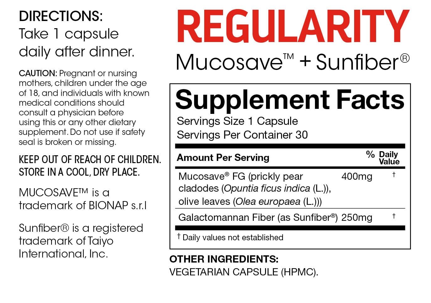 Silver Fern Regularity bottle-label close-up highlighting Mucosave FG and SunFiber.