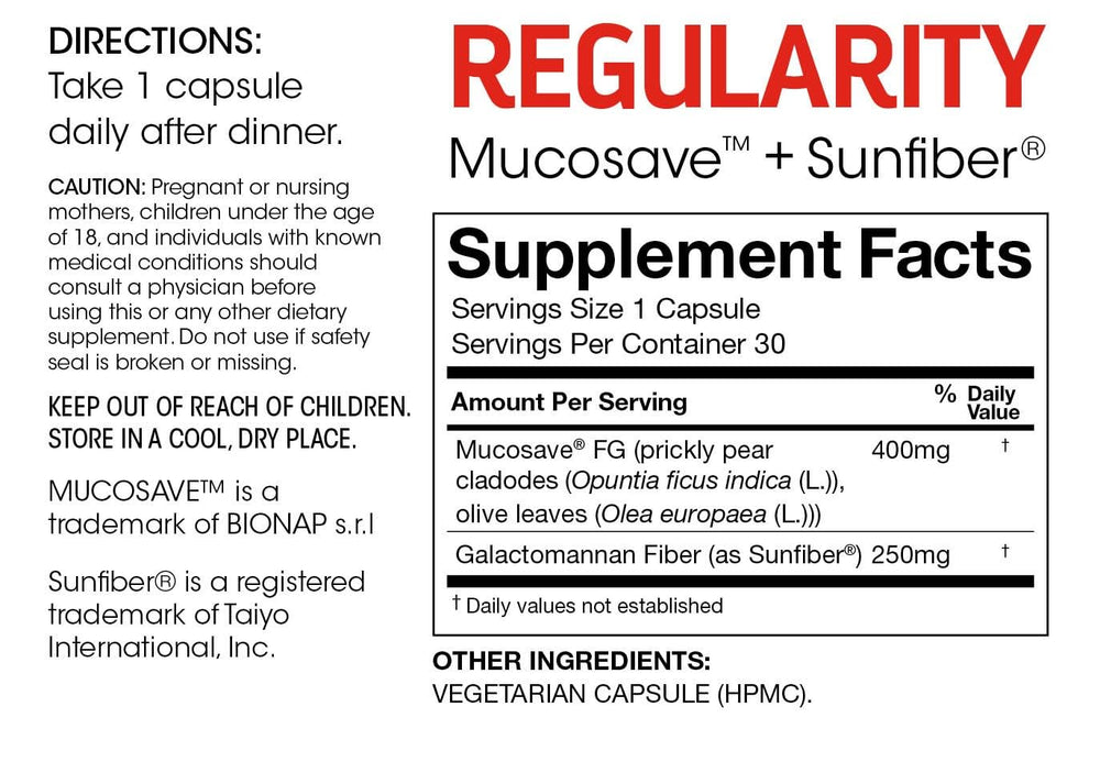 Silver Fern Regularity bottle-label close-up highlighting Mucosave FG and SunFiber.