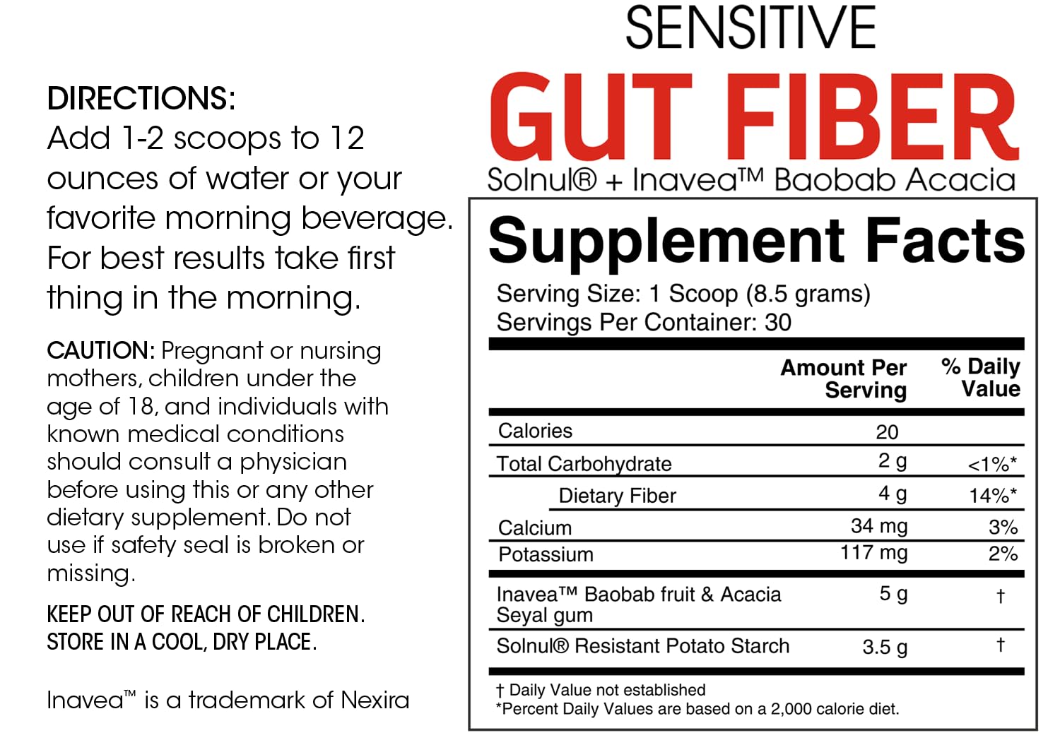 Silver Fern Sensitive Gut Fiber tub front highlights 30 scoops per tub