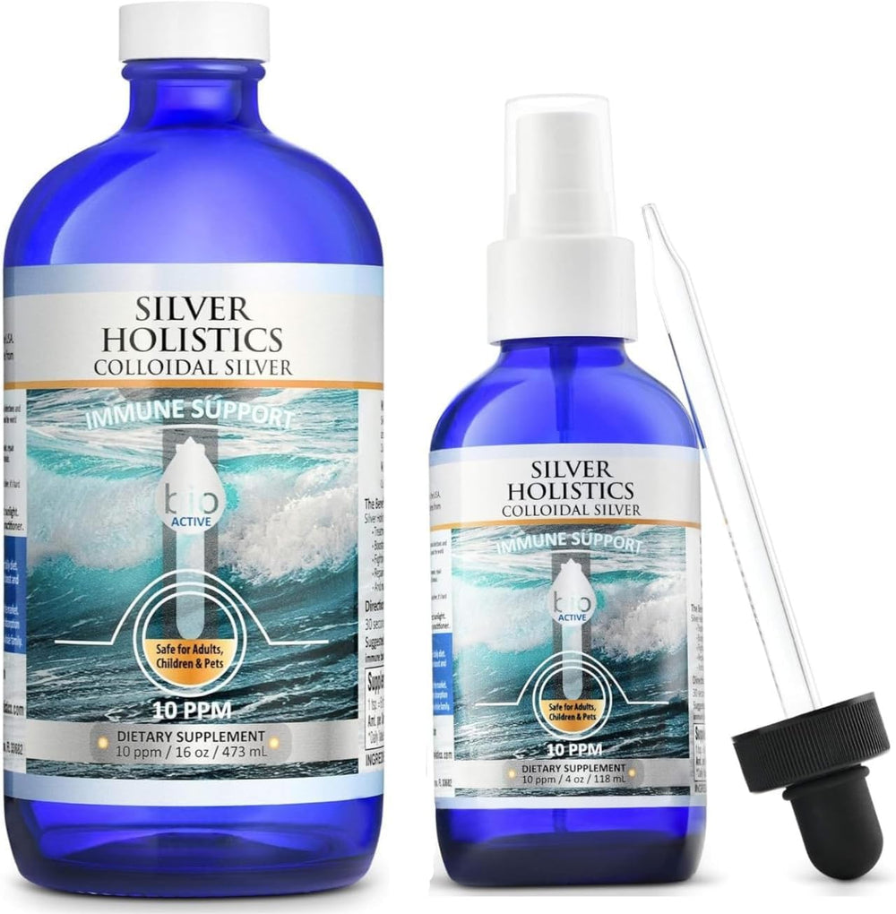 SILVER HOLISTICS colloidal silver spray bottle releasing a fine mist for easy topical application