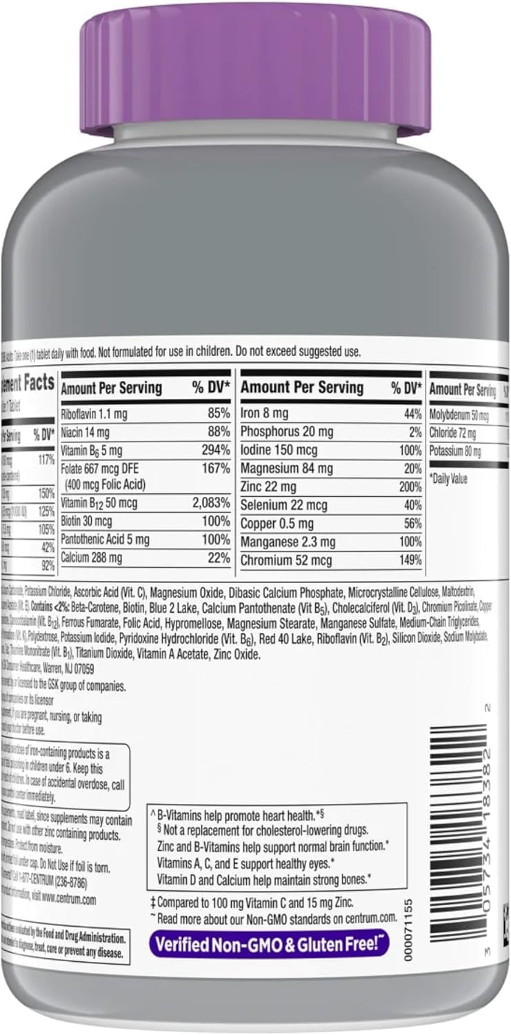 Silver Women 50 Plus bottle label highlights vitamin D3 and B complex for bone and immune support