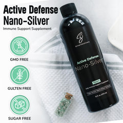 Close-up of SilverCeuticals nano colloidal silver bottle showing clean labeling and safety testing.