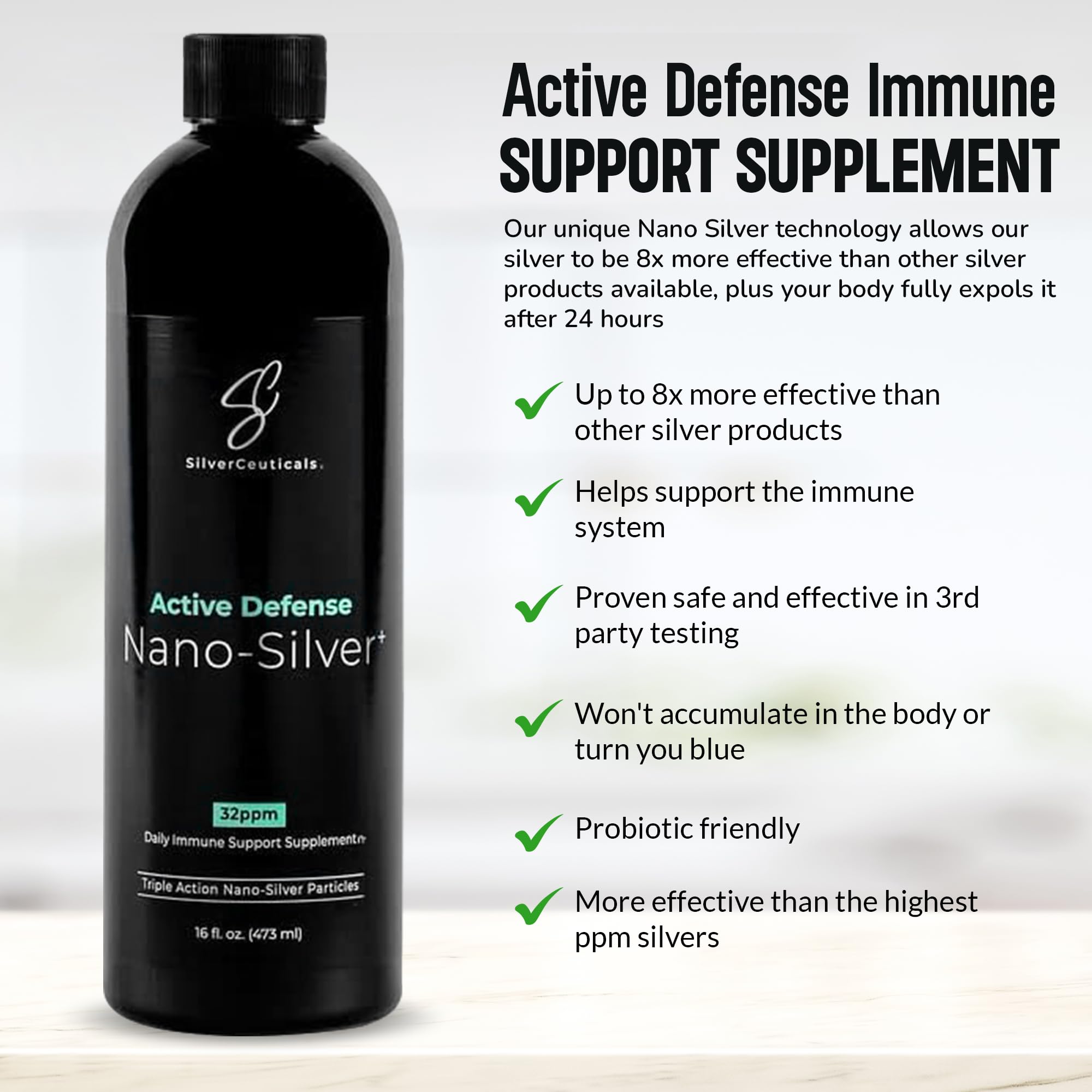SilverCeuticals nano colloidal silver bottle pour captured mid-pour for easy dosing.