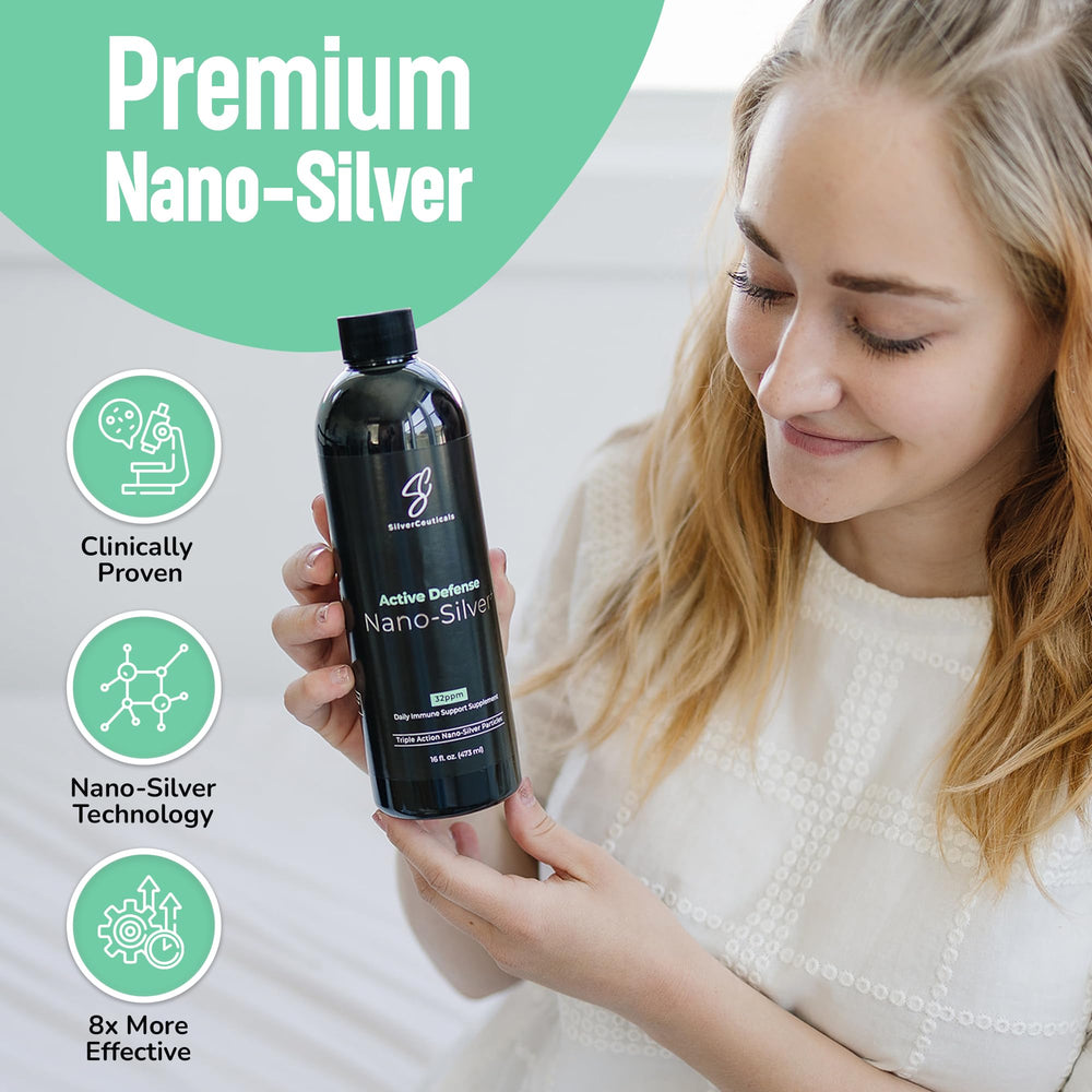 SilverCeuticals nano colloidal silver label highlighting 32ppm potency and consistency.