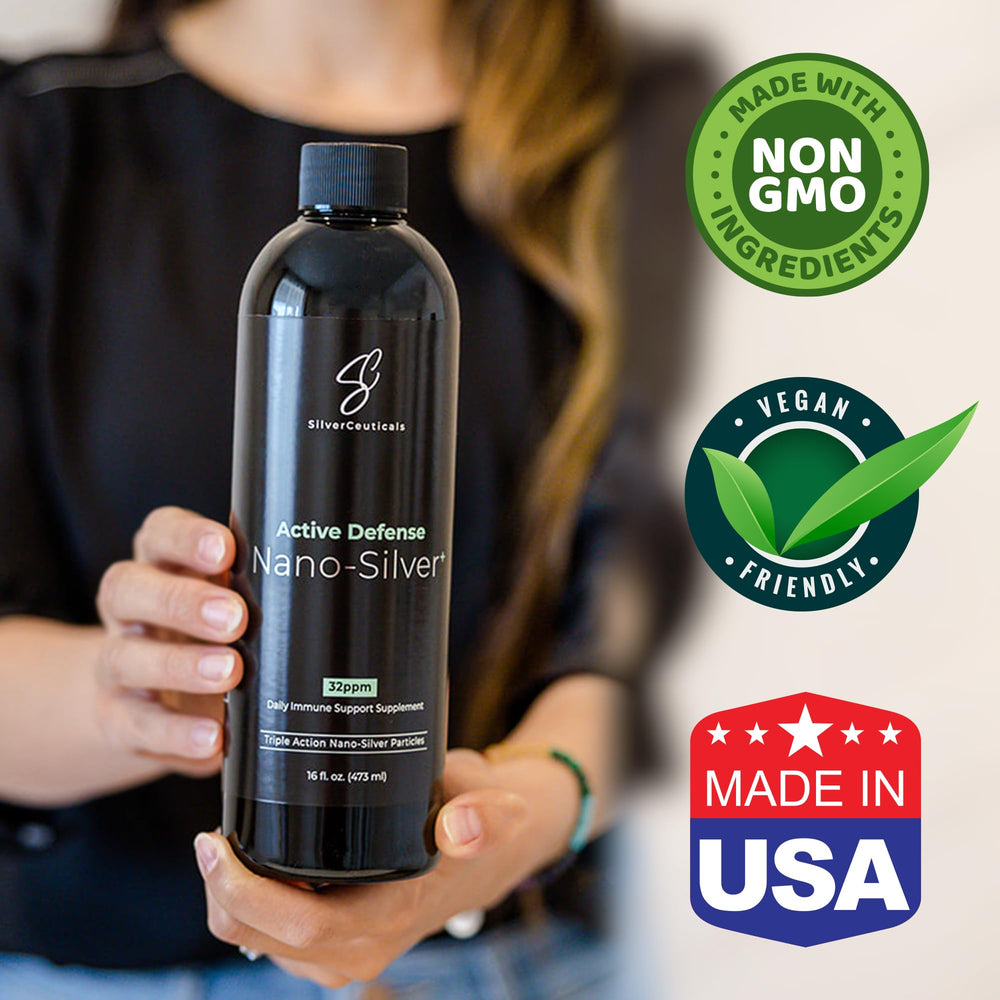 SilverCeuticals nano colloidal silver bottle with safety icon for ages 5 and up.