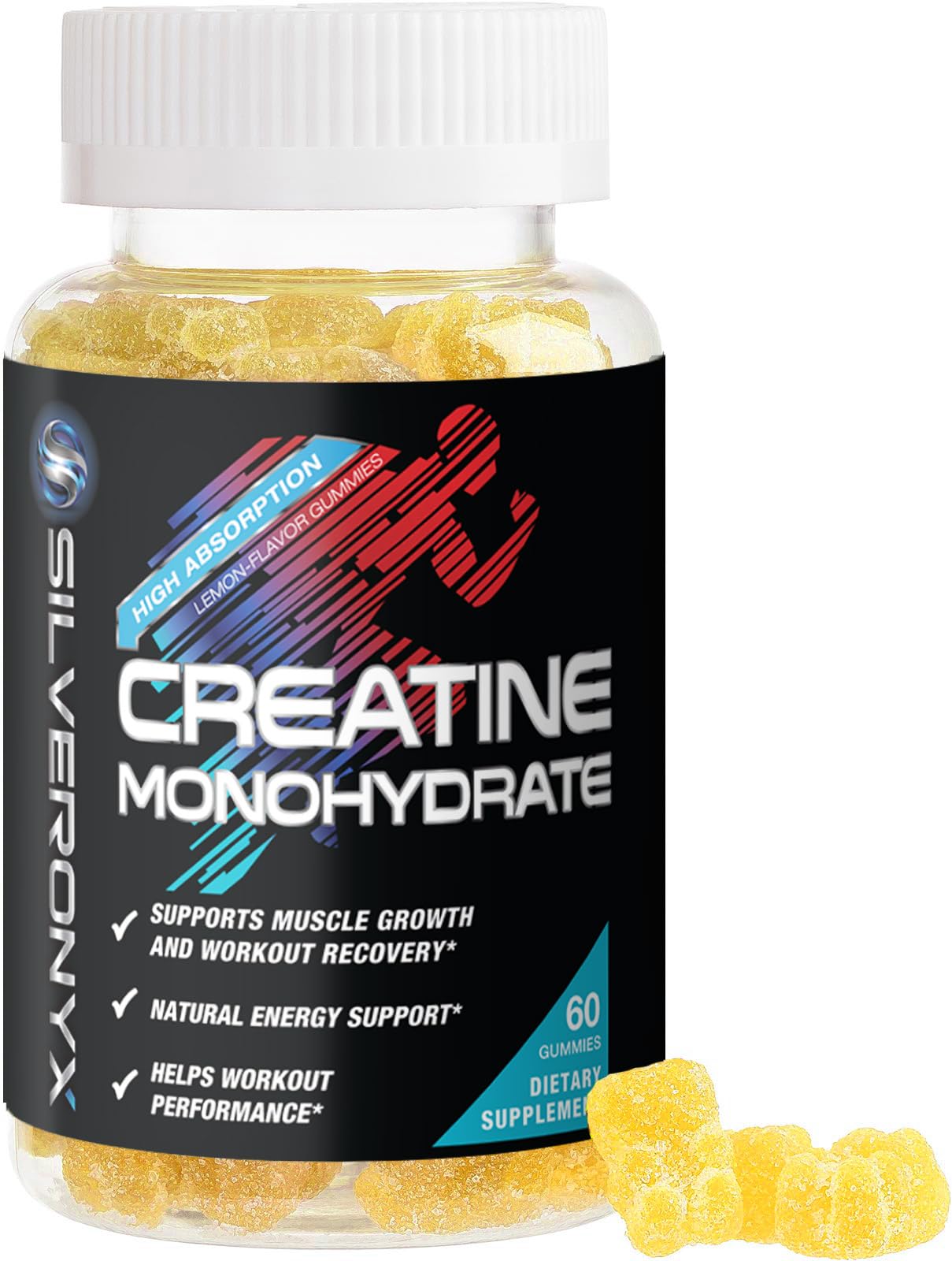 SilverOnyx Creatine Monohydrate Gummies lemon bottle boost energy and endurance.