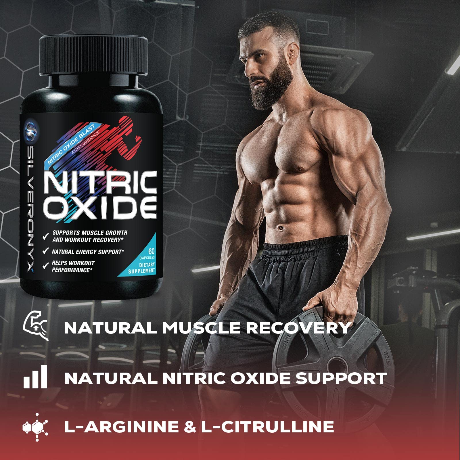 SilverOnyx L-Arginine AKG 2:1 capsules closeup emphasizing fast-acting arginine blend for performance