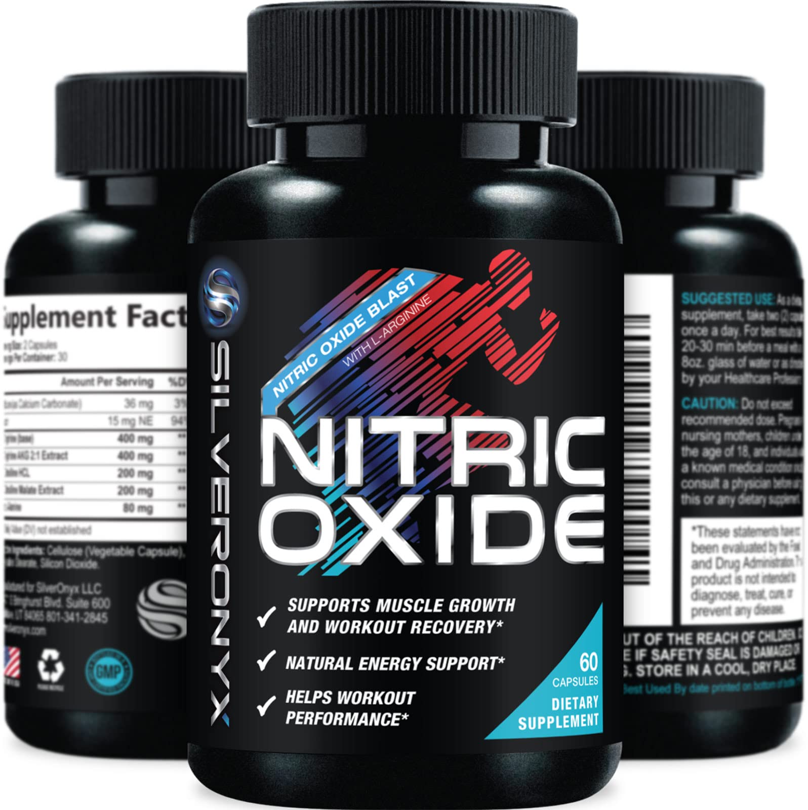 SilverOnyx nitric oxide bottle pour showing premium formula for potentially sustained workout energy