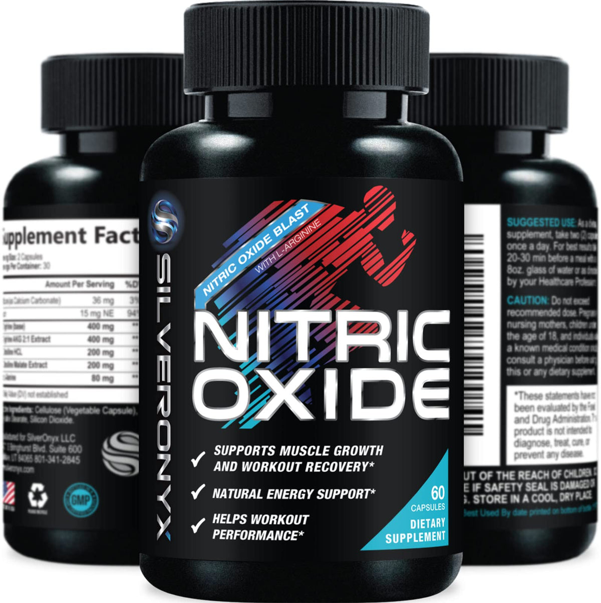 SilverOnyx nitric oxide bottle pour showing premium formula for potentially sustained workout energy