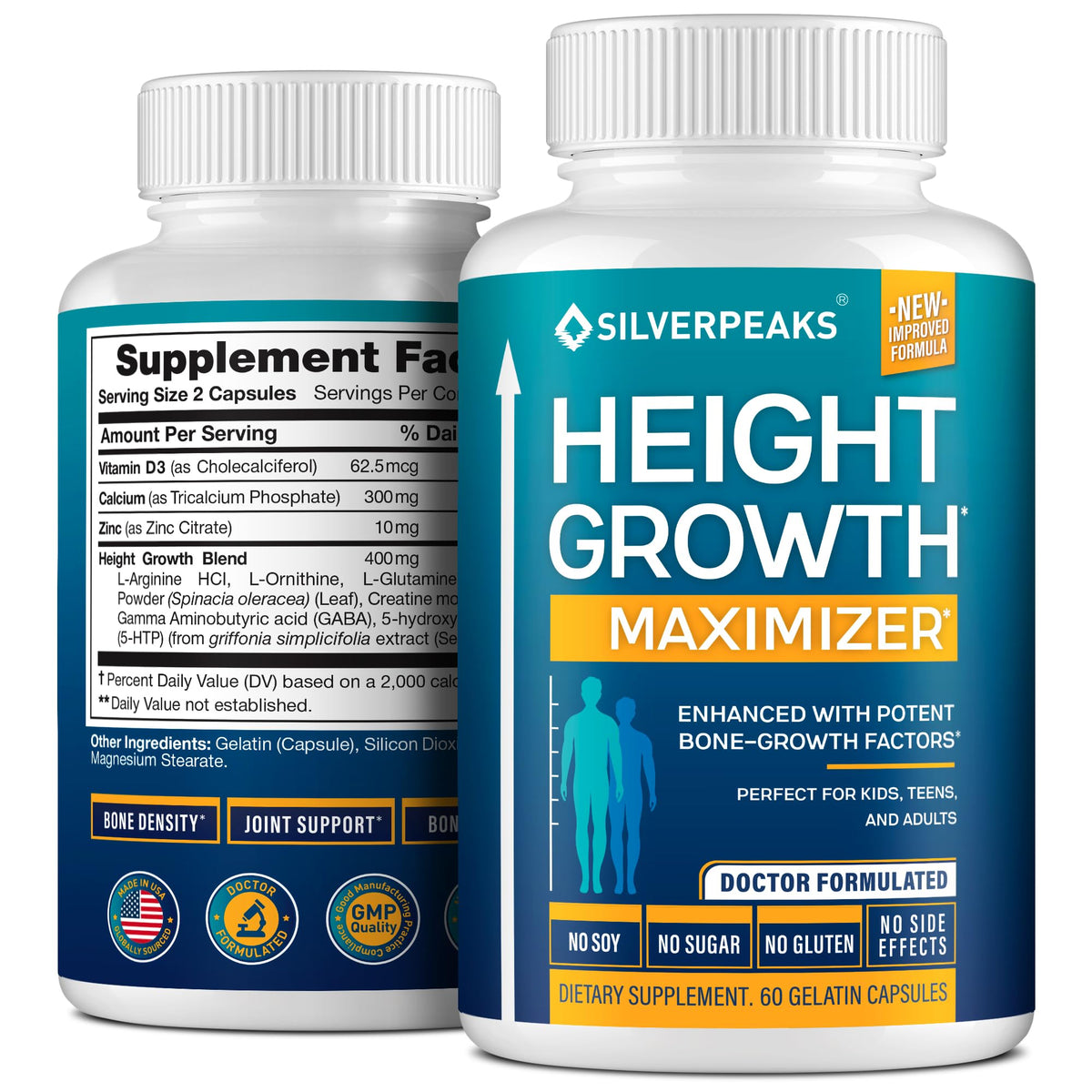 Silverpeaks Growth Capsules bottle front with clear label for easy dosing.