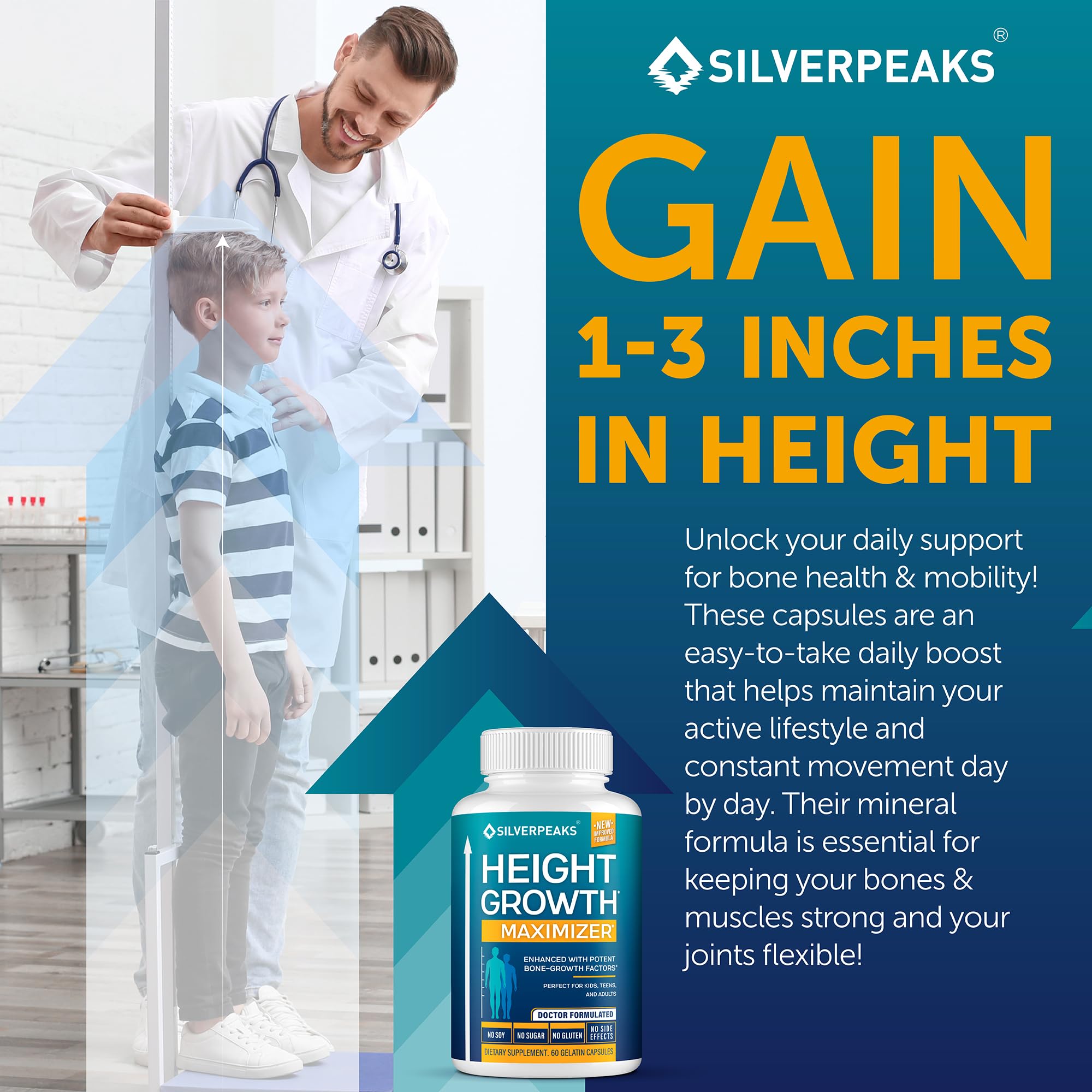 Packaging box and bottle showcasing USA-made claim for Silverpeaks Growth Capsules.