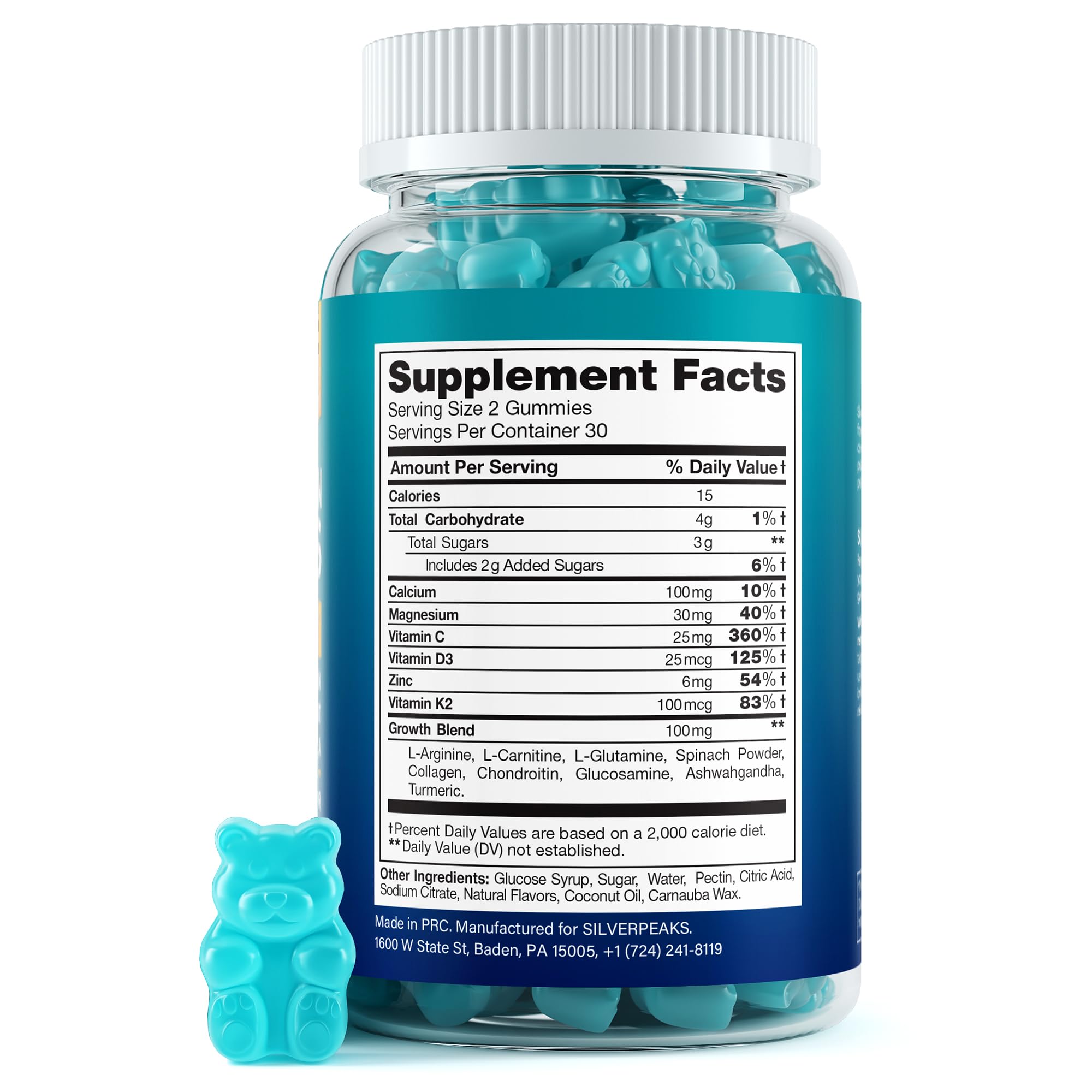 Silverpeaks gummies closeup highlighting calcium, vitamin D3, and vitamin K2 for bone support