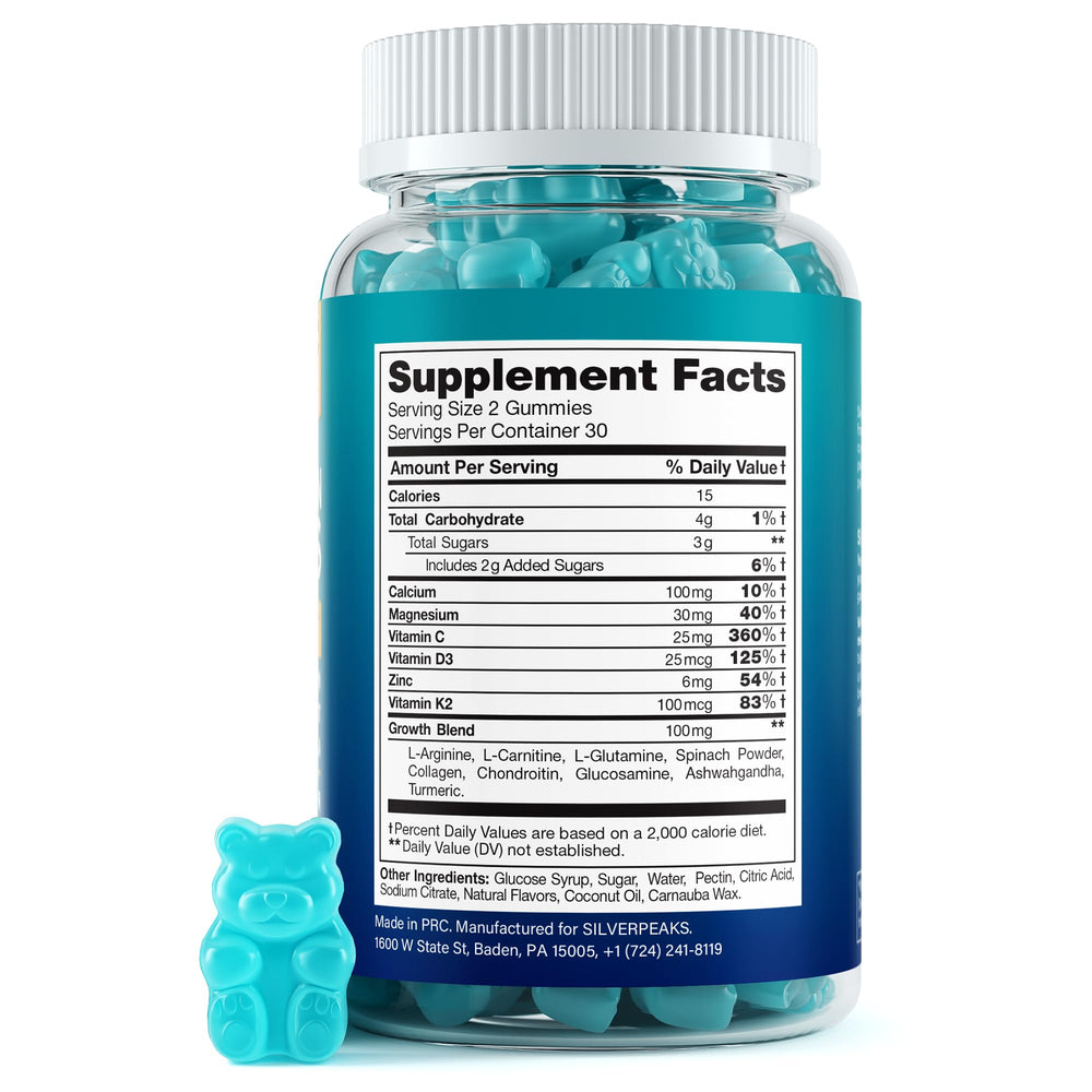 Silverpeaks gummies closeup highlighting calcium, vitamin D3, and vitamin K2 for bone support