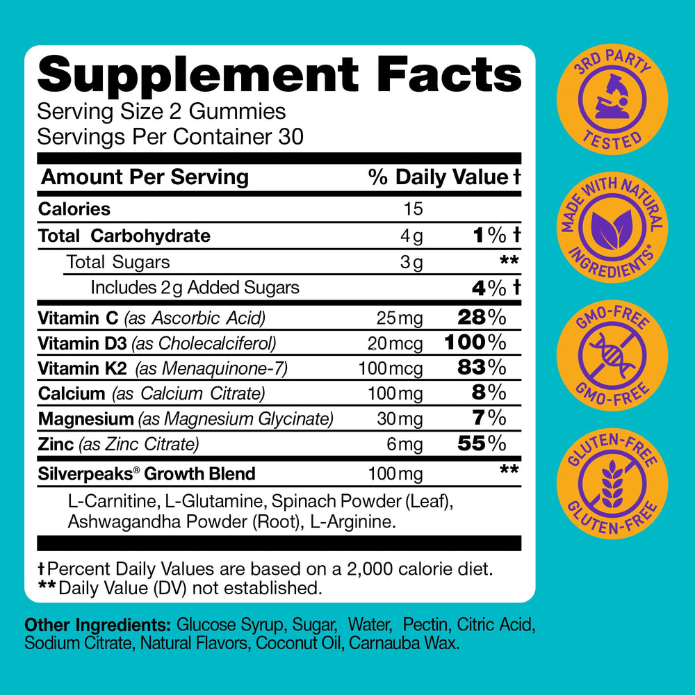 SILVERPEAKS height growth gummies close-up highlighting tasty, chewable nutrition