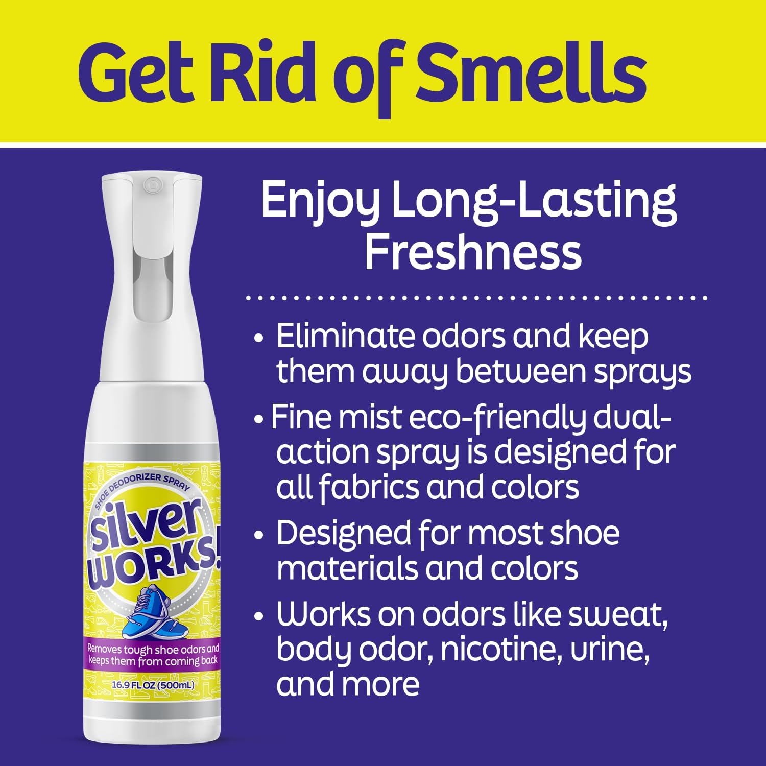 SilverWorks! spray nozzle delivers even coverage for odor elimination in shoes.