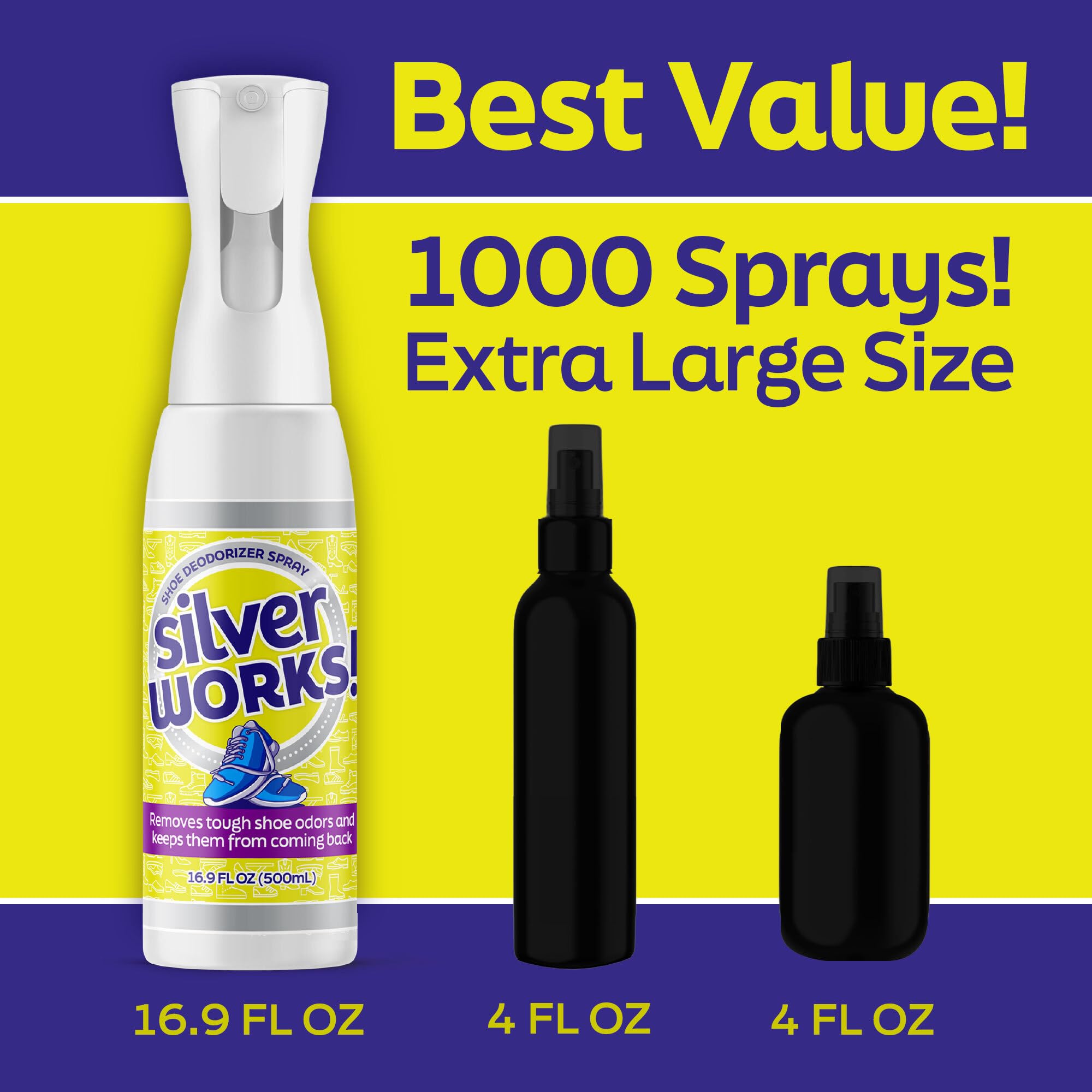 SilverWorks! sneaker odor-elimination spray refreshes athletic footwear.