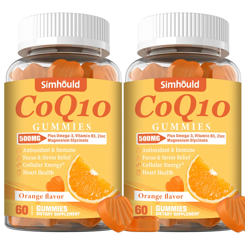 Simhould CoQ10 500MG Gummies bottle highlights key ingredients for energy and heart support.