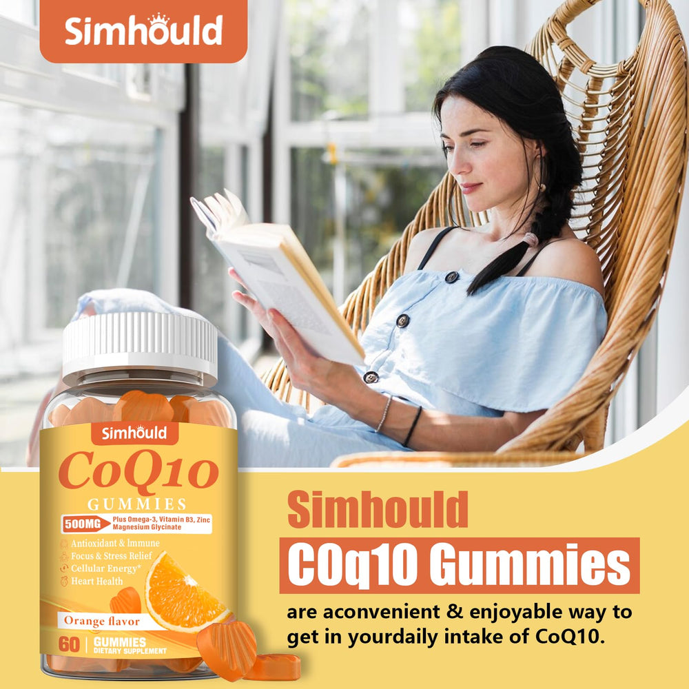 Texture close-up of Simhould CoQ10 gummies suggests easy daily consumption.