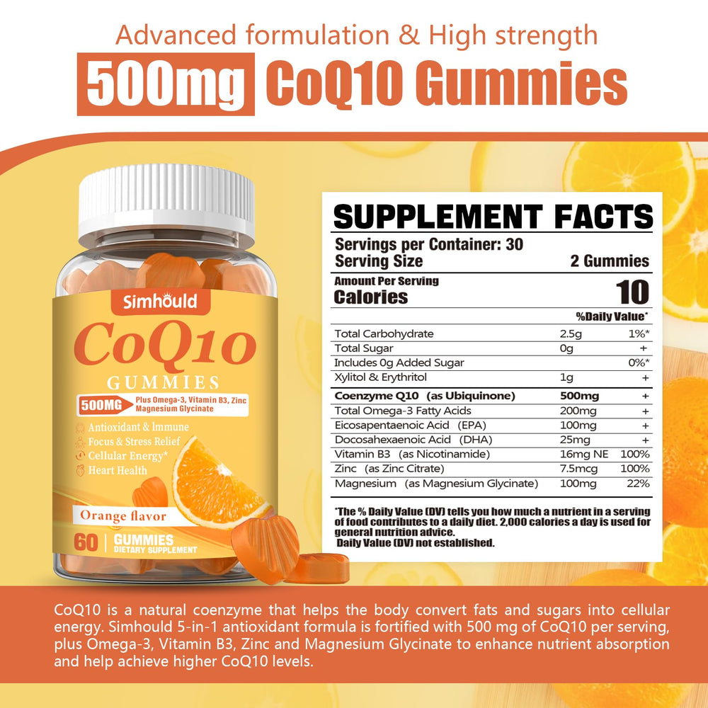 Close-up of Simhould CoQ10 gummies with Omega-3 label for heart-friendly nutrition.