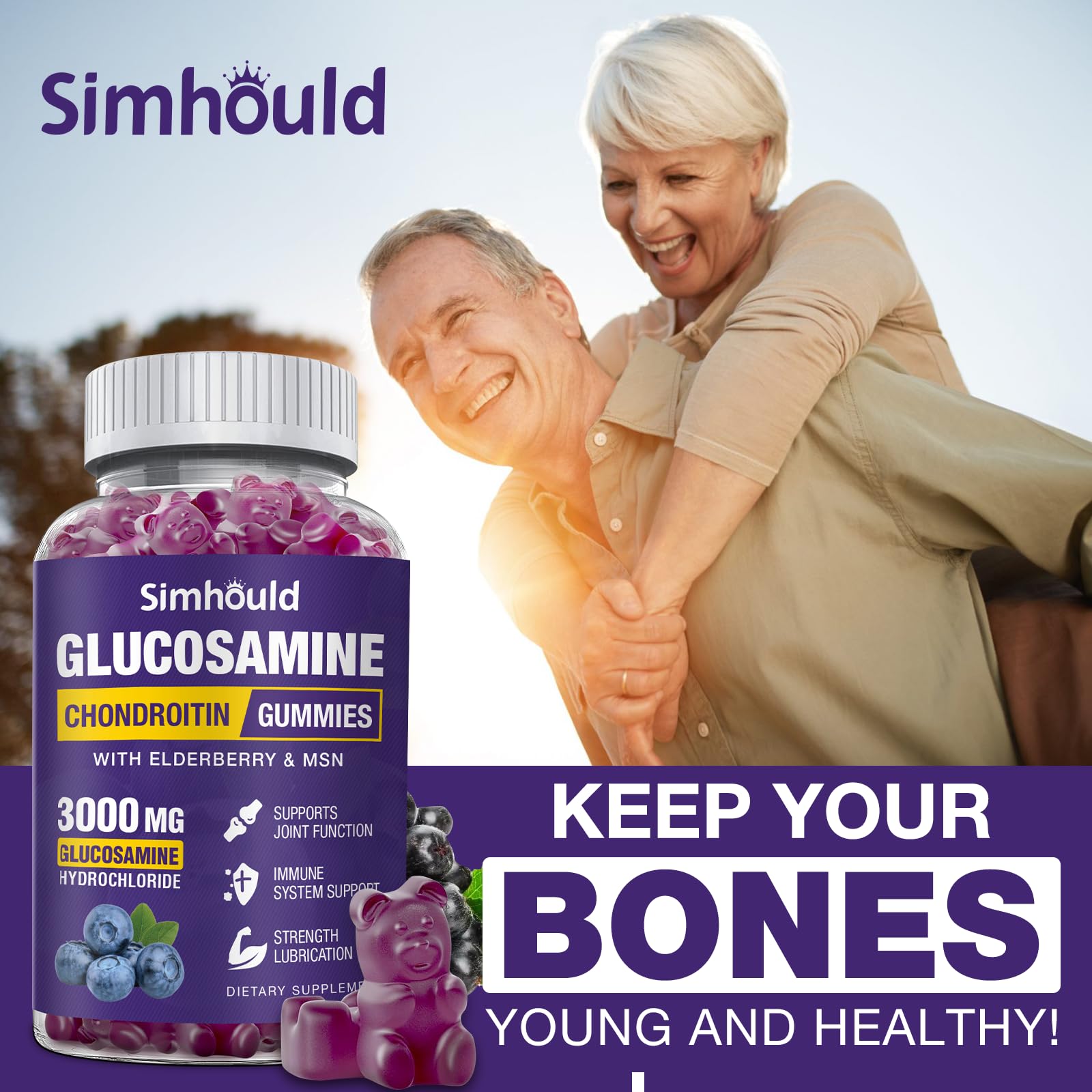 Simhould label showing 3000mg glucosamine and 200mg chondroitin per serving
