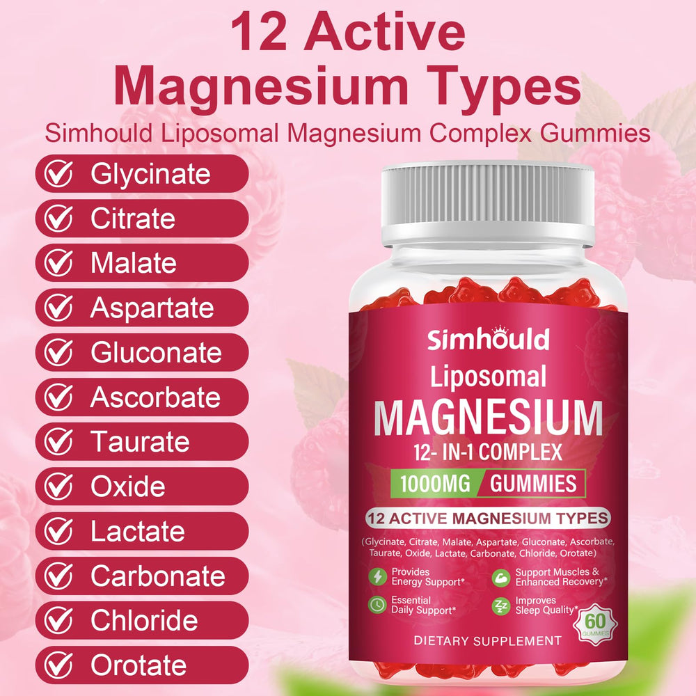 Simhould magnesium gummies ingredients label highlighting diverse forms and vitamins.
