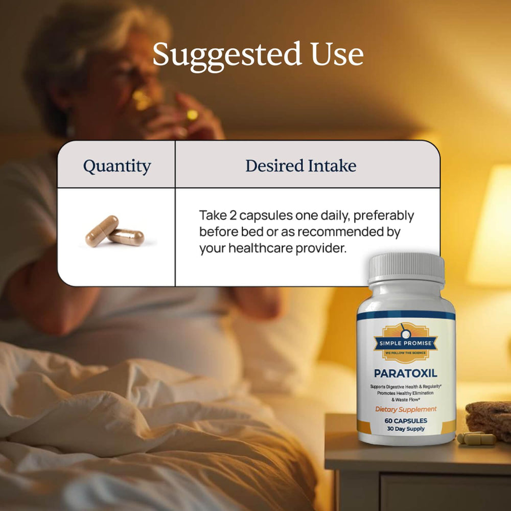 Glass of water beside Paratoxil capsules for daily use