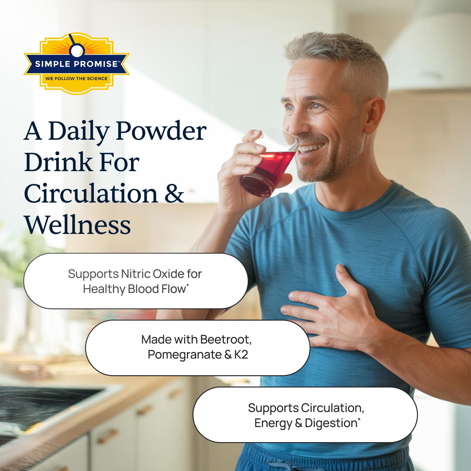 Simple Promise VenoPlus8 dissolving scoop in water showcases easy, sugar-free daily mix.