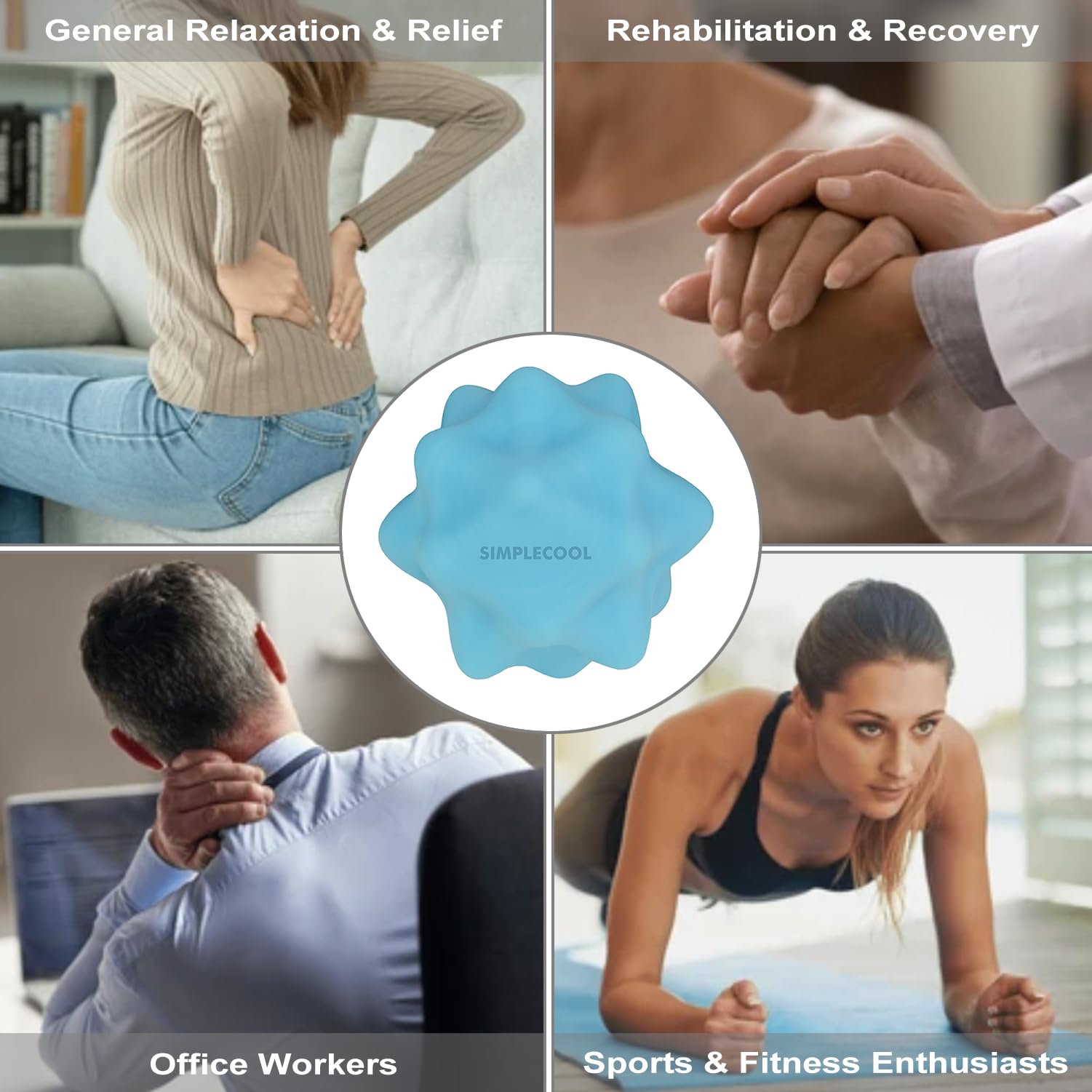 SimpleCool back neck shoulder massage ball blue promotes quick tension release.