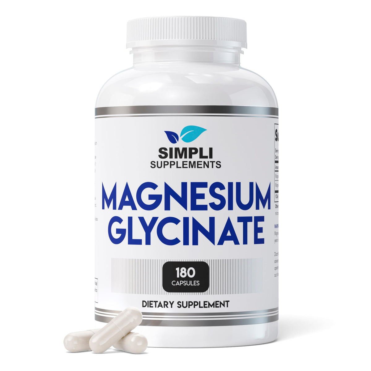 Simpli Supplements Magnesium Glycinate bottle with easy-to-swallow capsules.