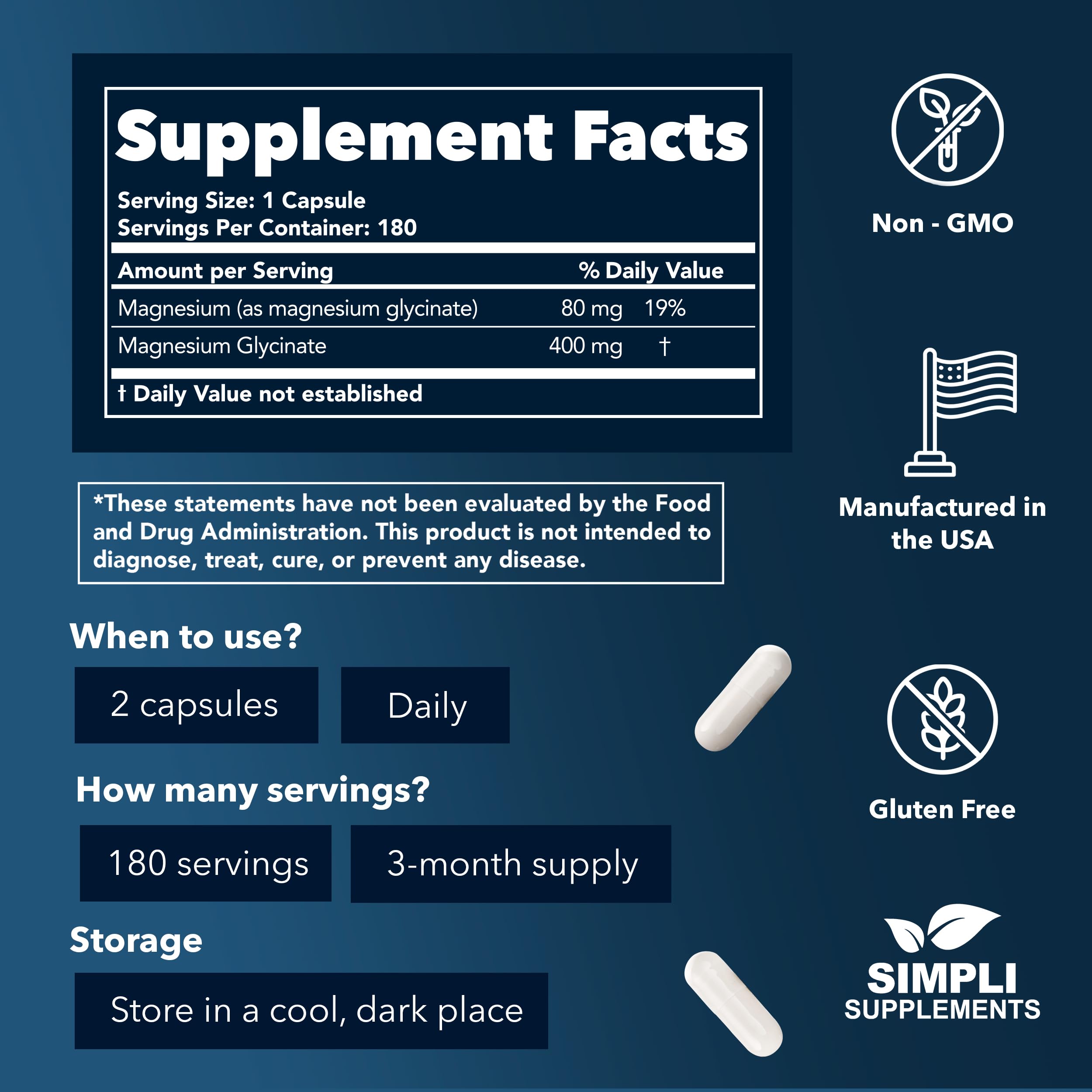 Simpli Supplements Magnesium Glycinate label highlights 400 mg per serving and 80 mg elemental magnesium.