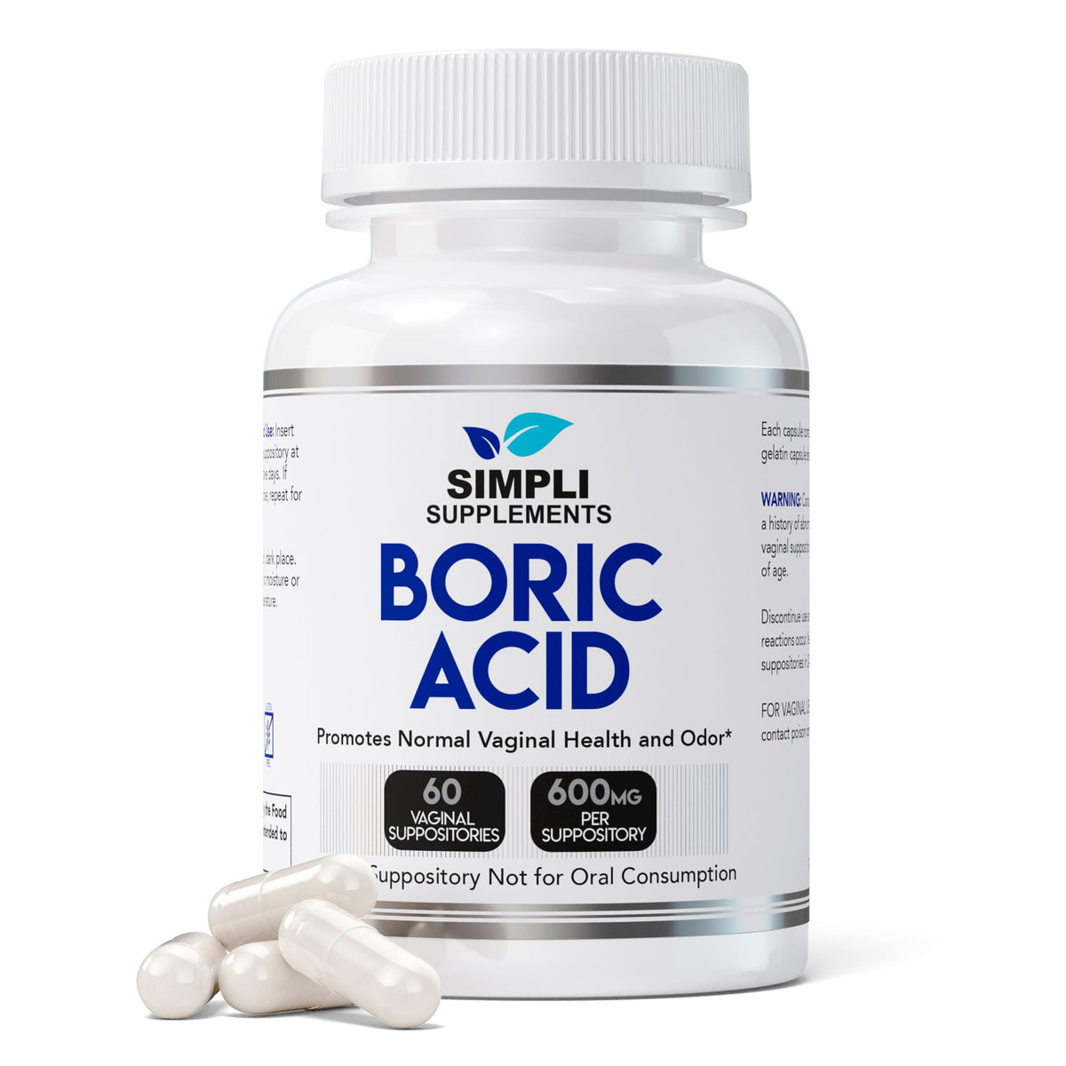 Caja de Simpli Supplements con supositorios de acido borico 600 mg para higiene vaginal.