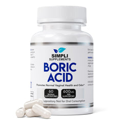 Caja de Simpli Supplements con supositorios de acido borico 600 mg para higiene vaginal.